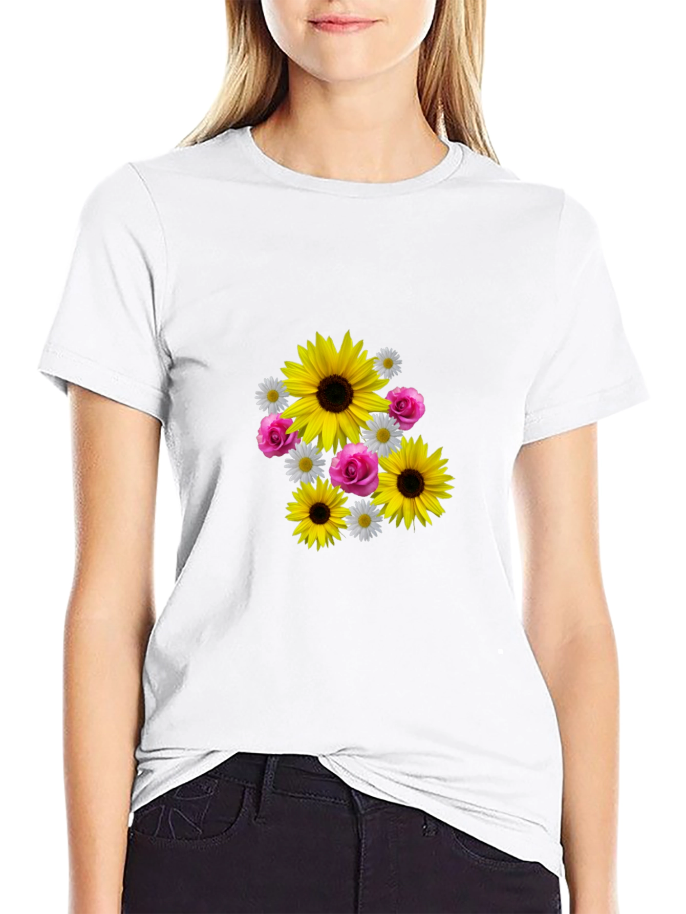 Sunflower Floral Graphic Tee - Casual Black T-Shirt