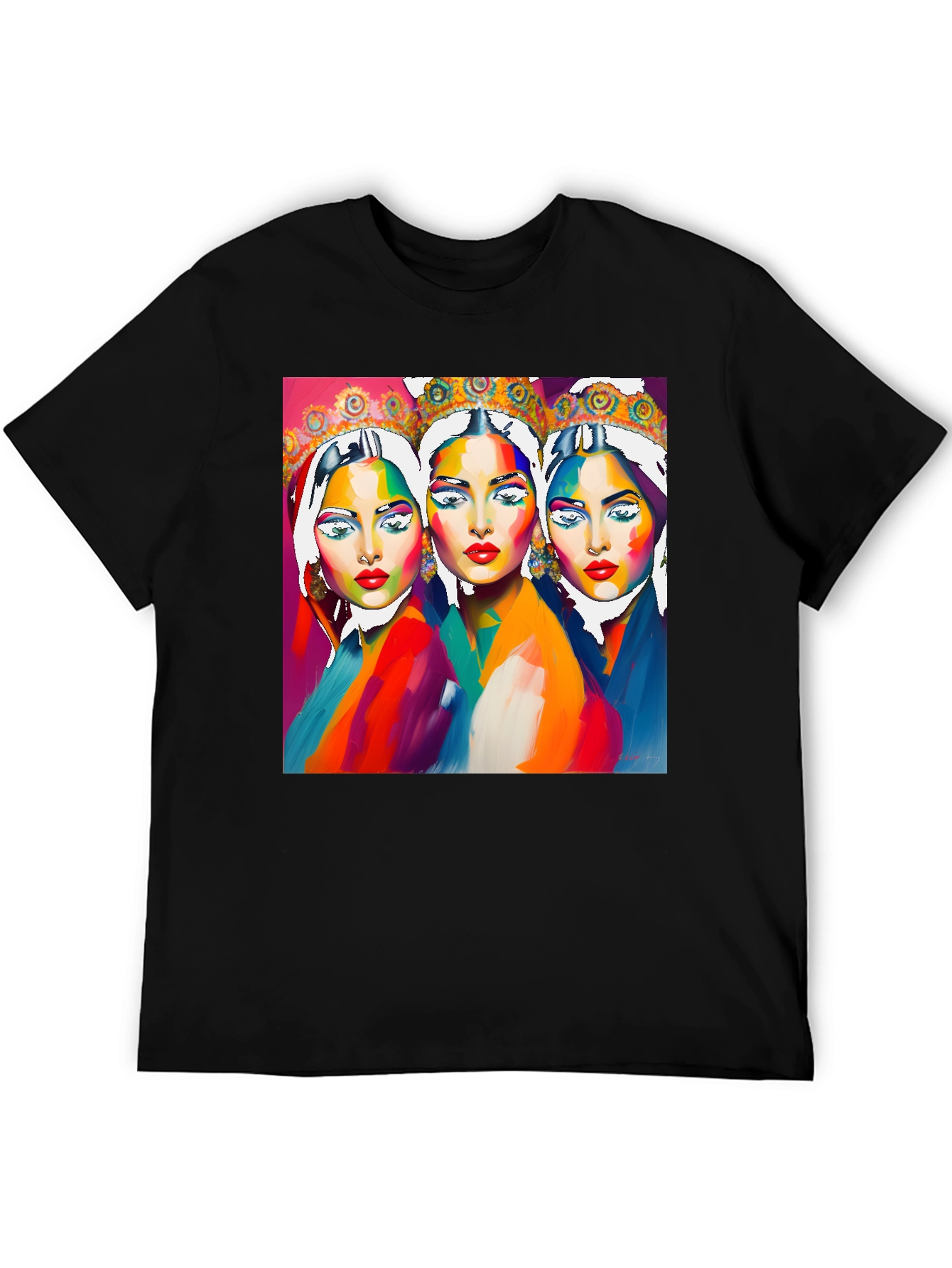 Vibrant Three Faces Art Graphic Tee - Unique Fashion