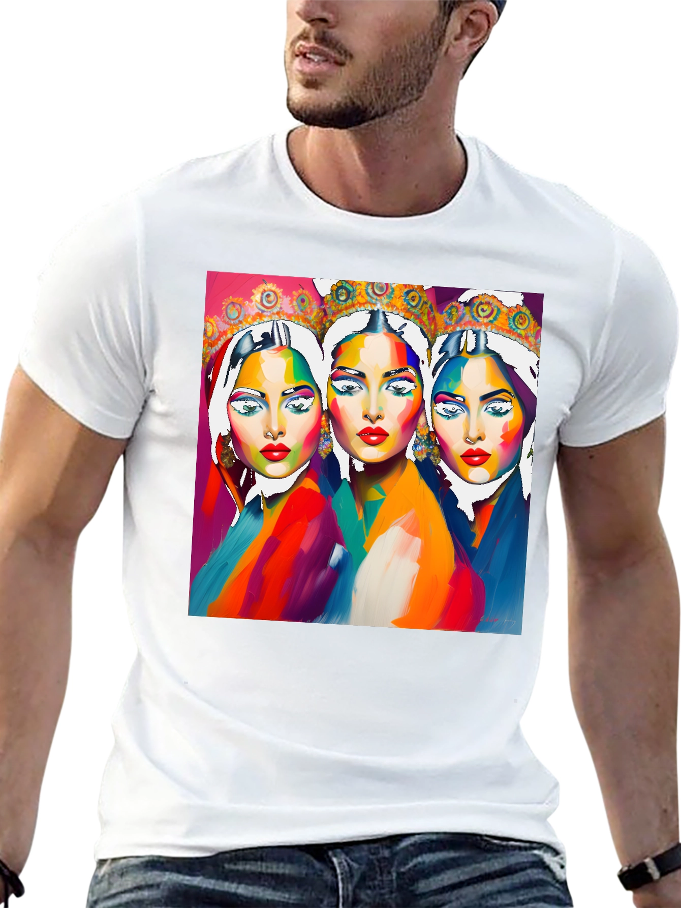 Vibrant Three Faces Art Graphic Tee - Unique Fashion