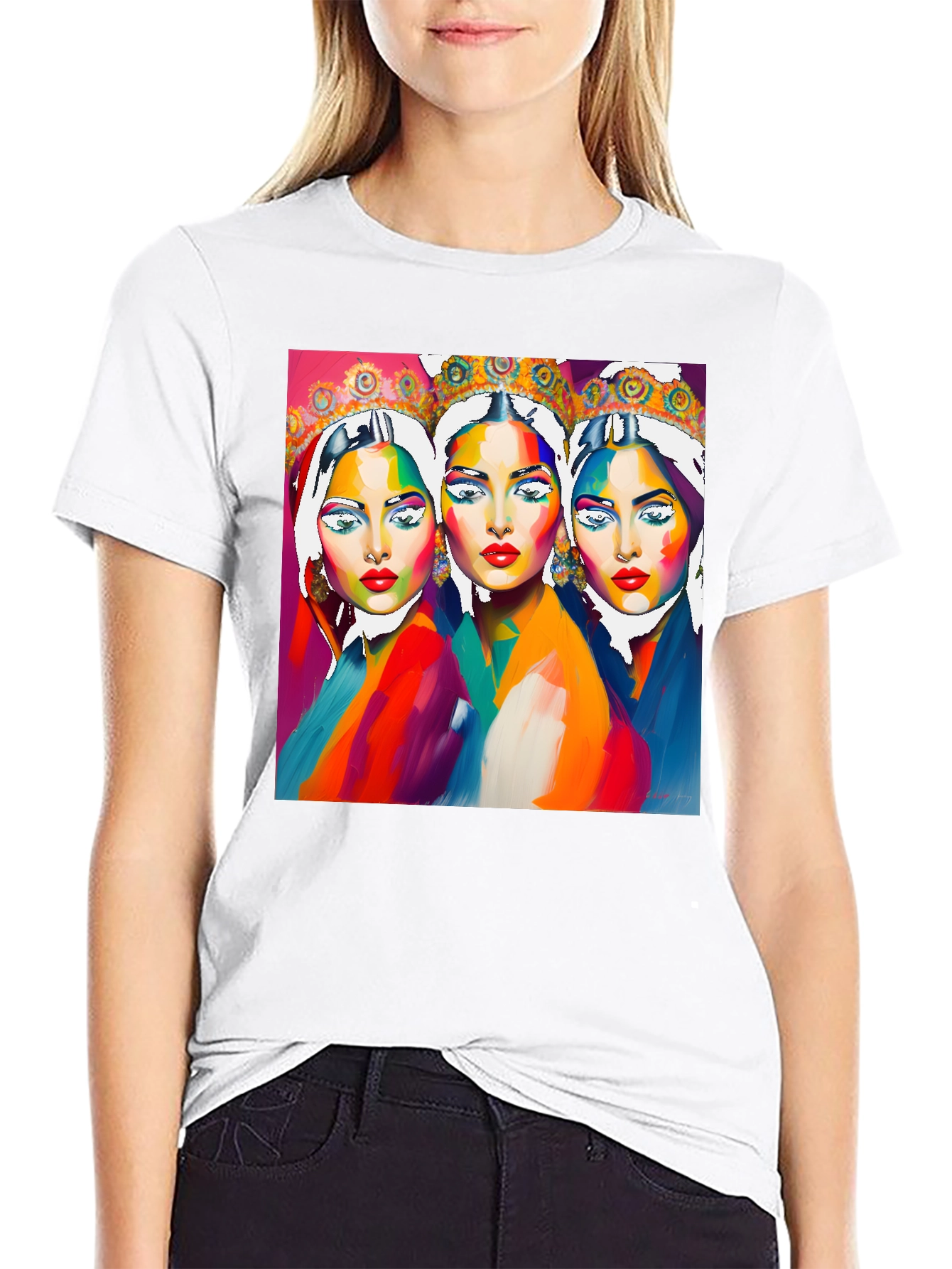 Vibrant Three Faces Art Graphic Tee - Unique Fashion