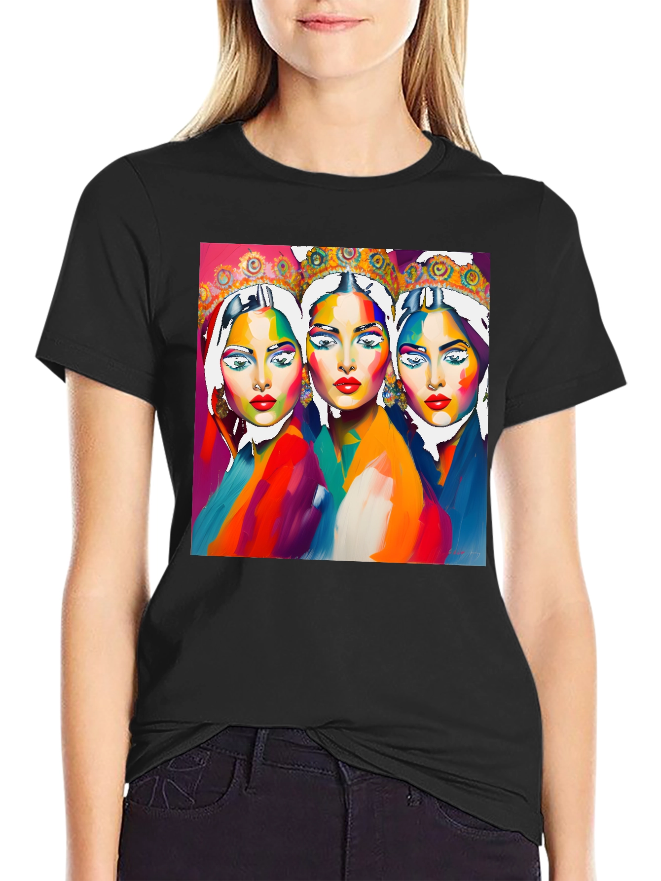 Vibrant Three Faces Art Graphic Tee - Unique Fashion