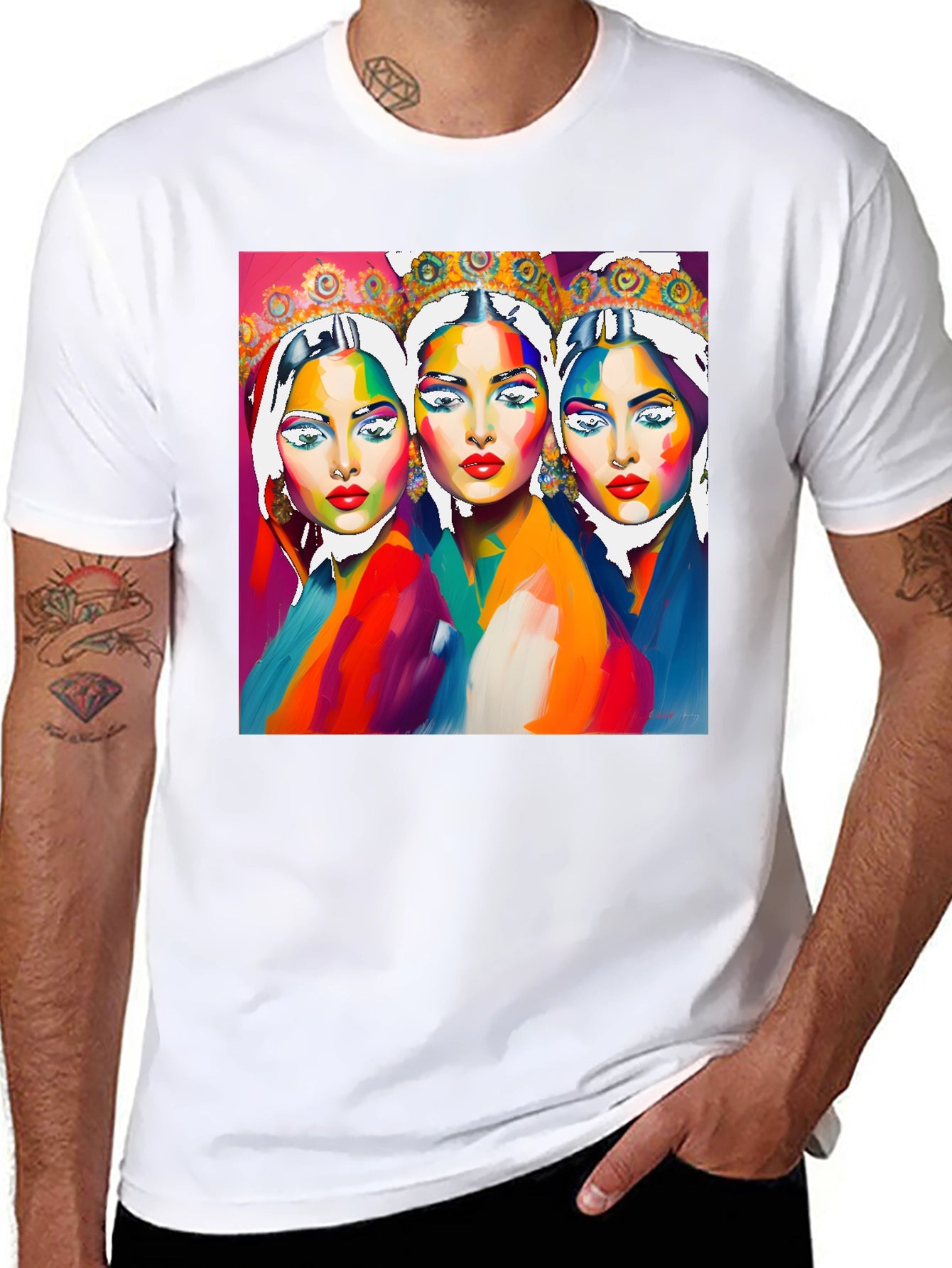 Vibrant Three Faces Art Graphic Tee - Unique Fashion