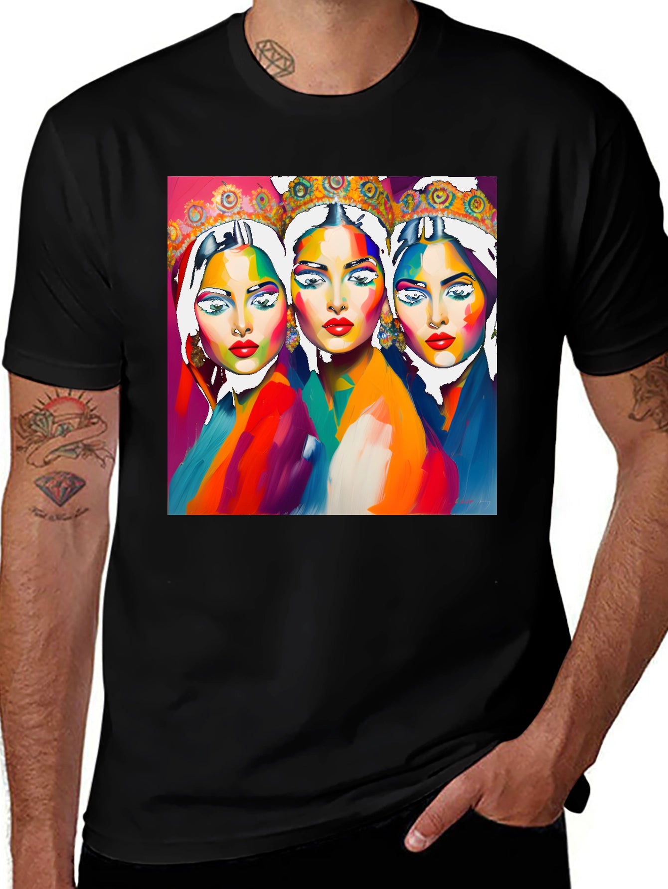 Vibrant Three Faces Art Graphic Tee - Unique Fashion