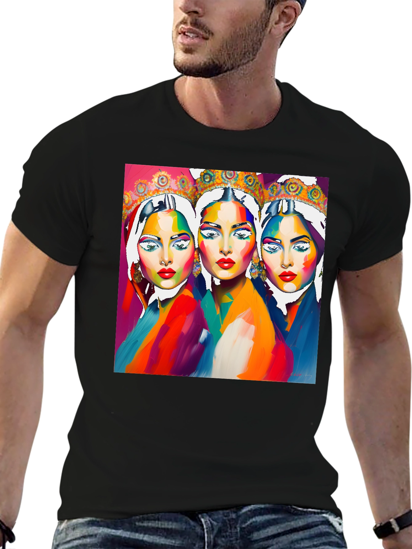 Vibrant Three Faces Art Graphic Tee - Unique Fashion