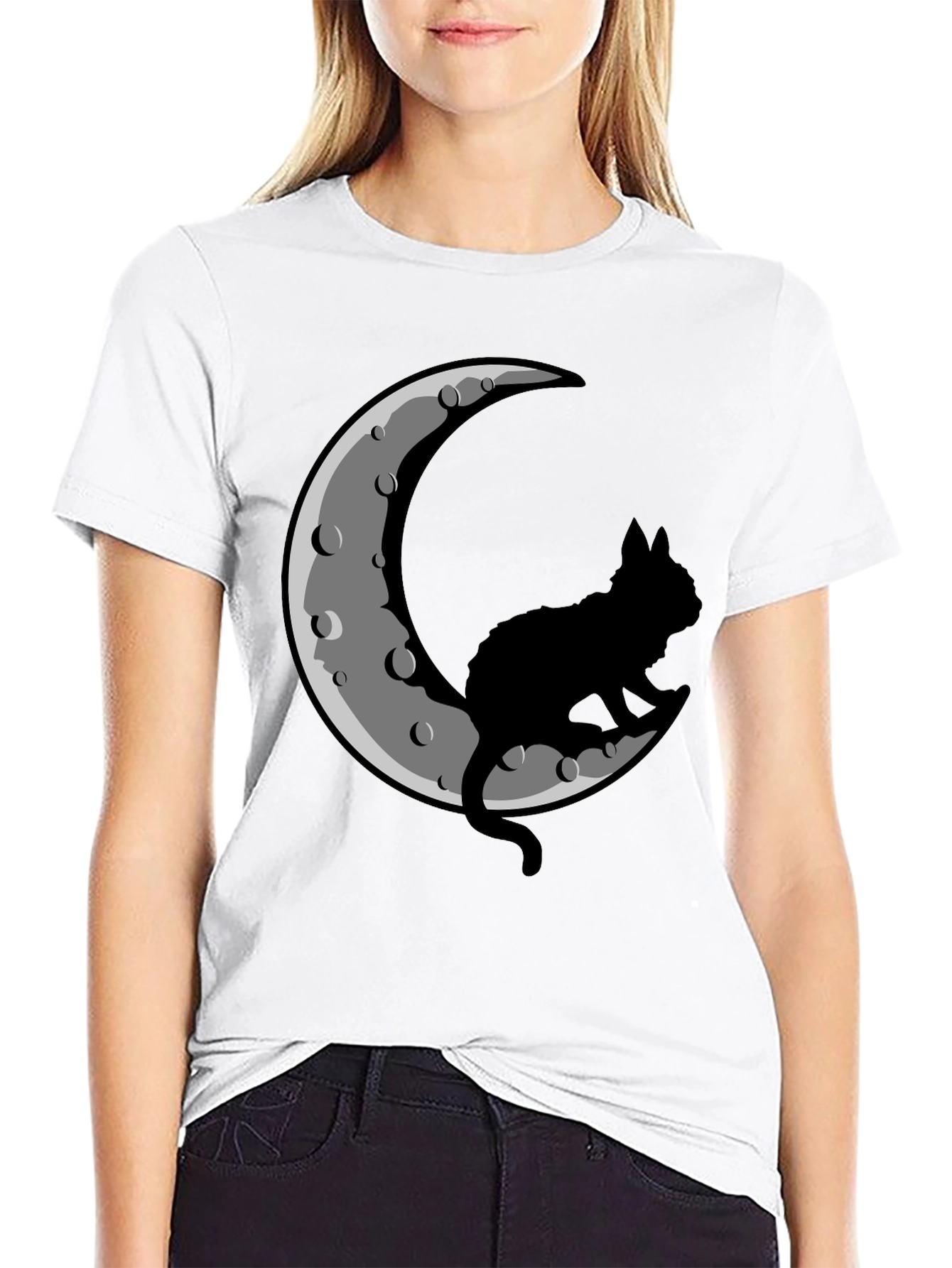 Cat on Moon Black T-Shirt
