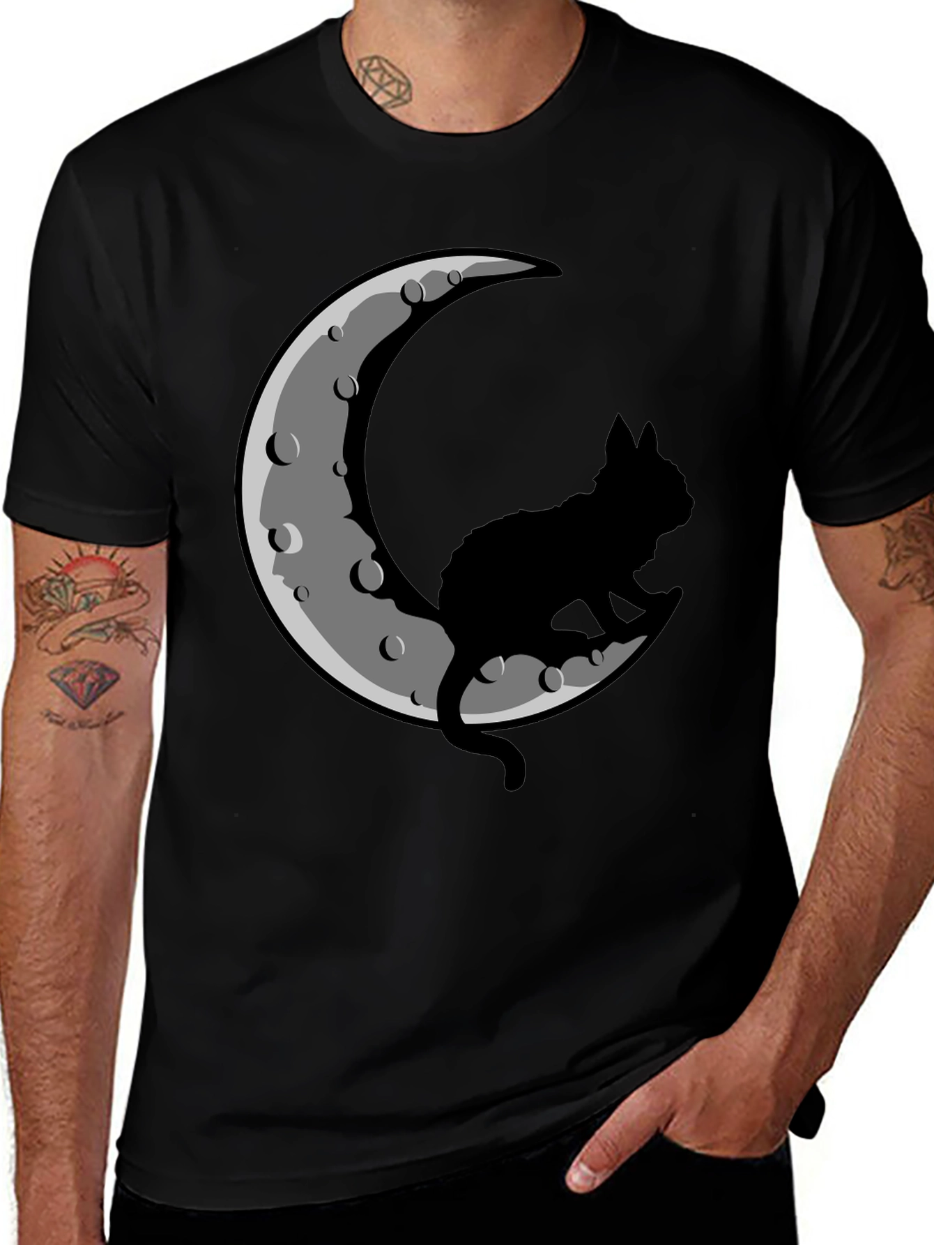 Cat on Moon Black T-Shirt