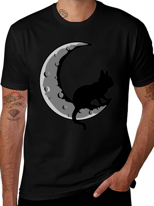 Cat on Moon Black T-Shirt