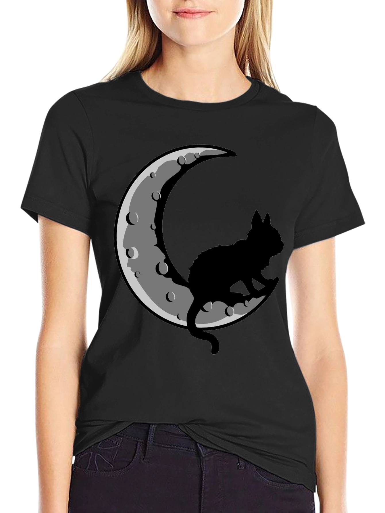Cat on Moon Black T-Shirt