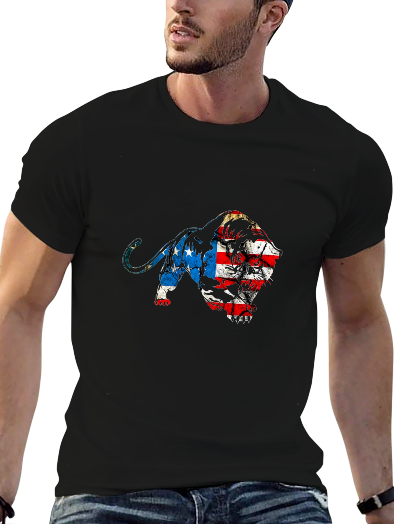 American Flag Lion Graphic Tee - Black