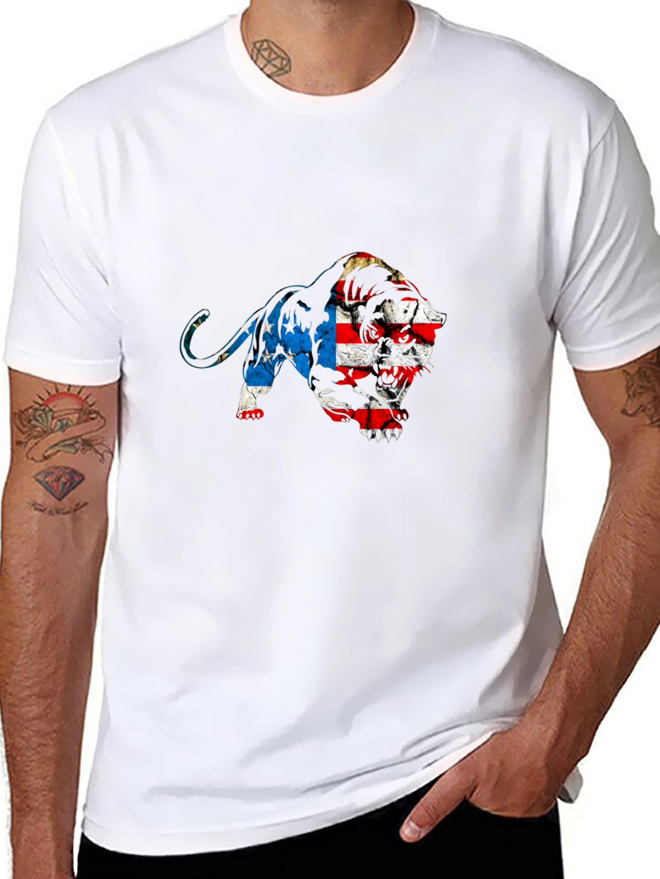 American Flag Lion Graphic Tee - Black
