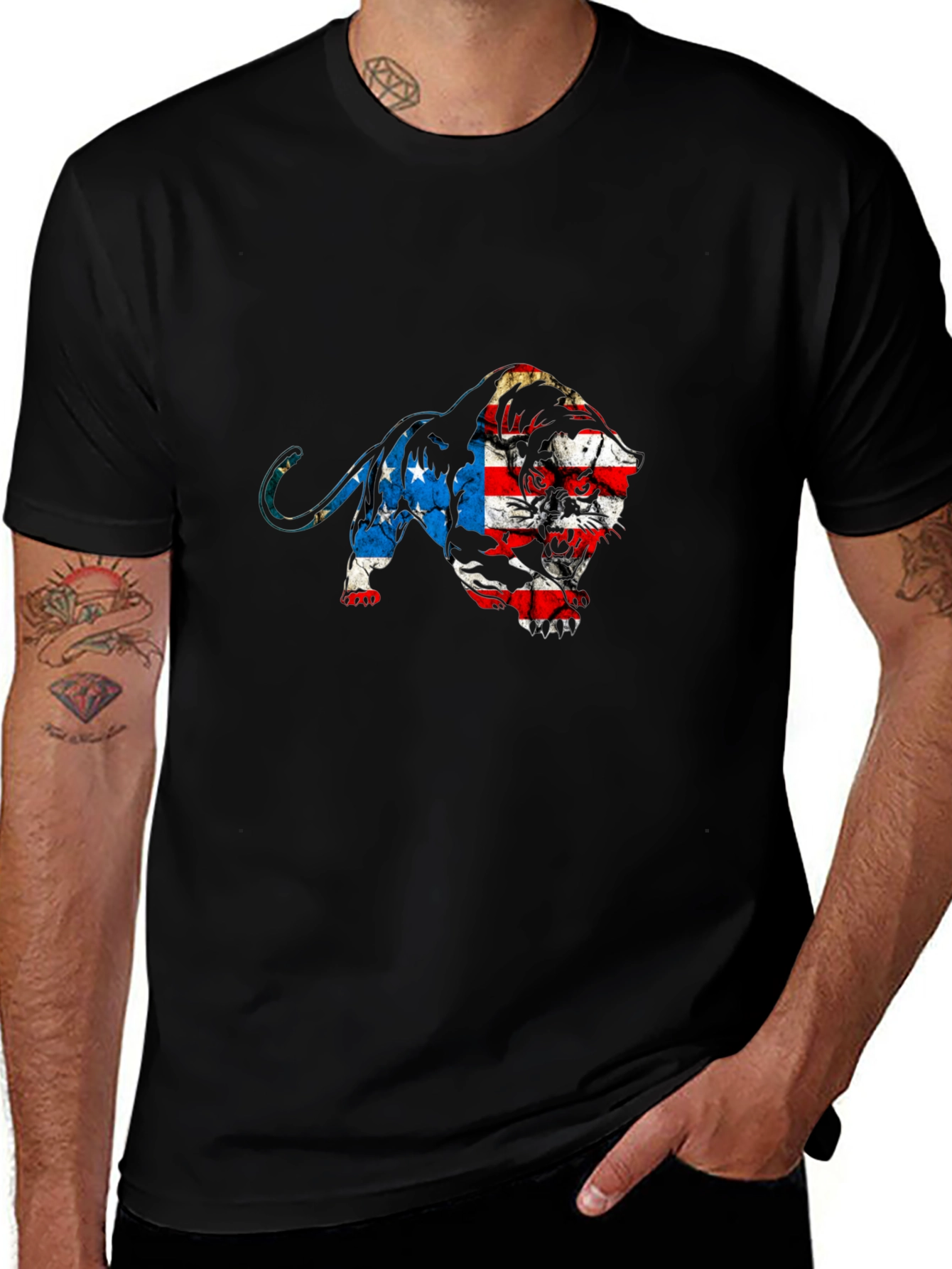American Flag Lion Graphic Tee - Black