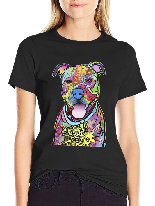 Colorful Pitbull Dog Graphic Print Black T-Shirt