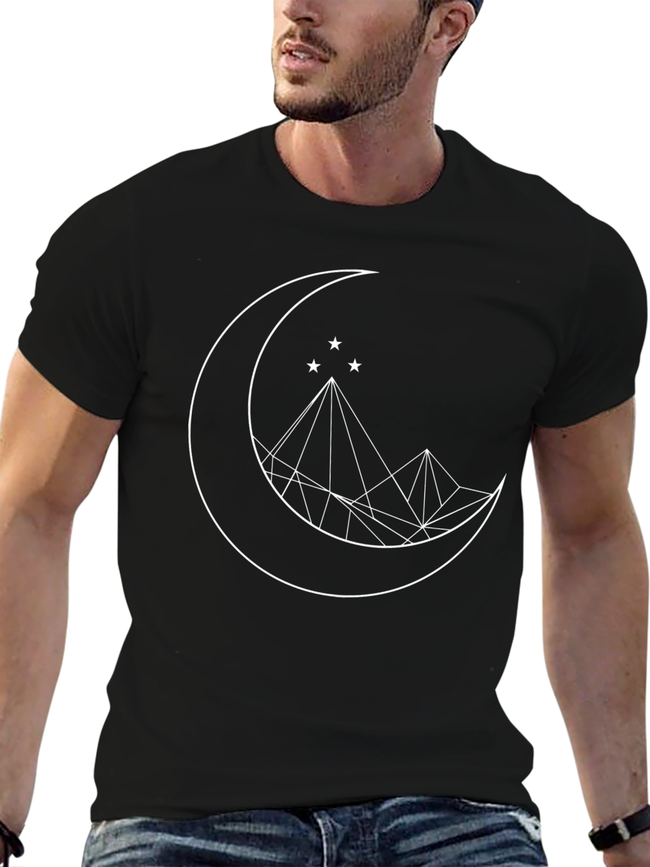 Geometric Moon & Stars Graphic Tee - Black