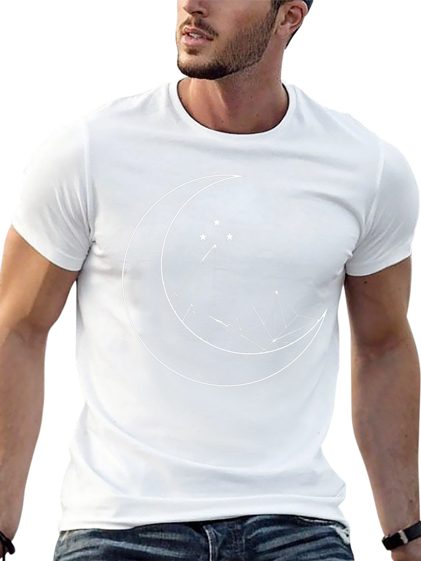 Geometric Moon & Stars Graphic Tee - Black