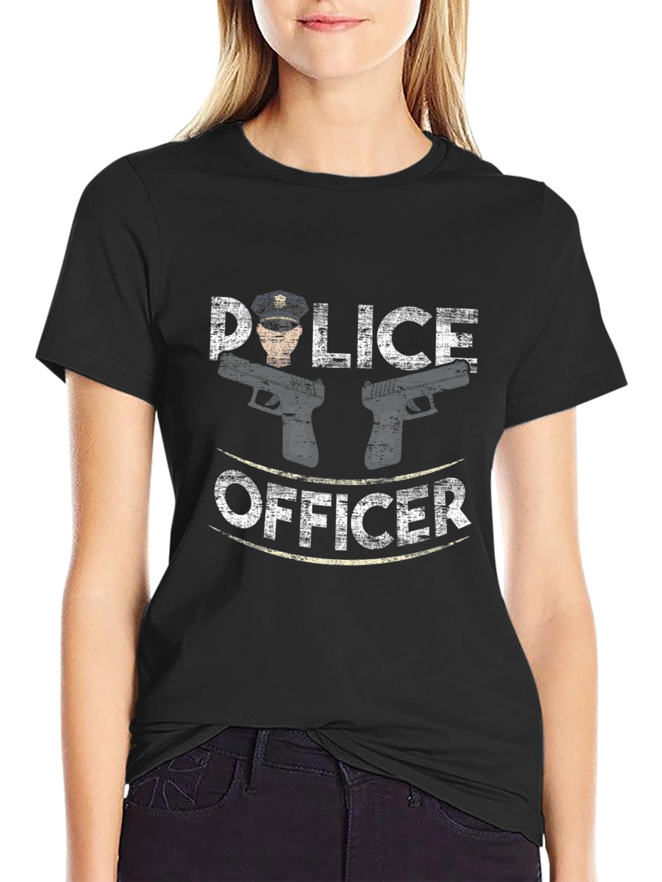 Police Officer Graphic Tee - Black Cotton T-Shirt
