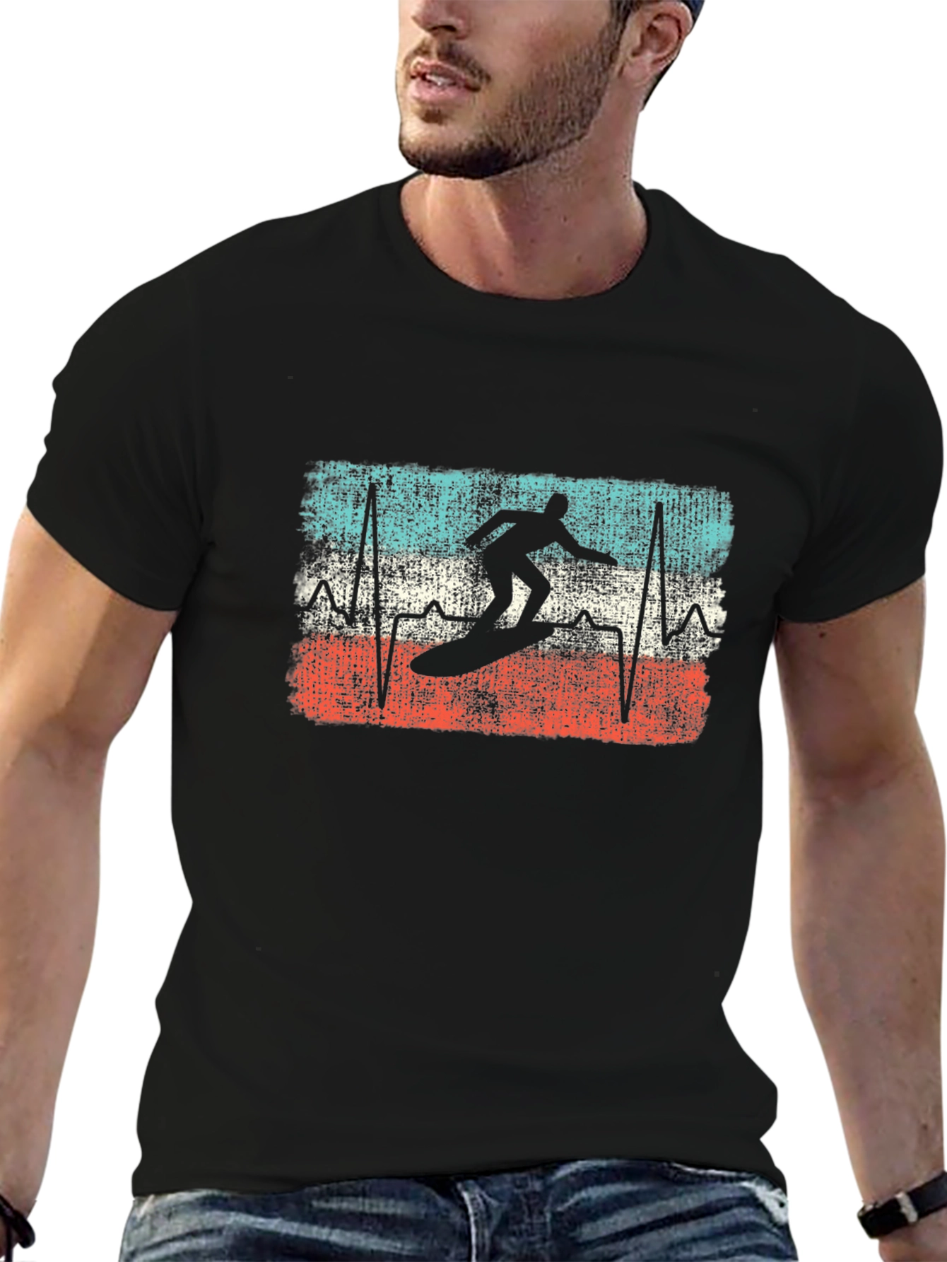 Surfer Heartbeat Graphic Tee - Retro Style