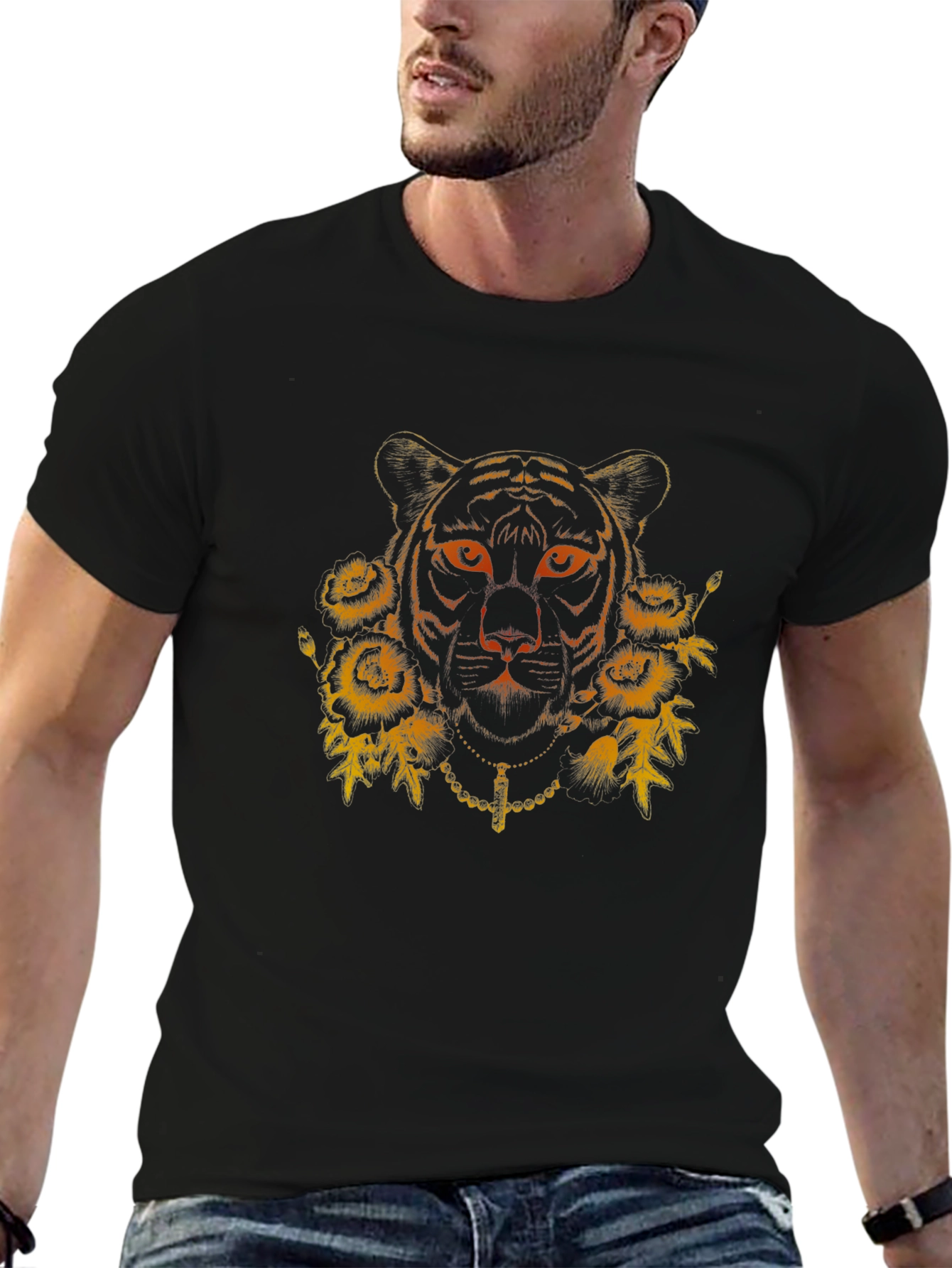 Tiger Floral Graphic Print Black T-Shirt