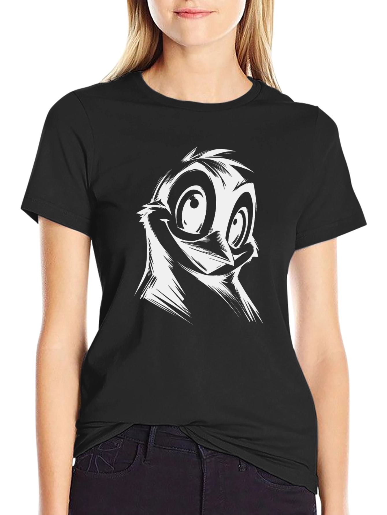 Cartoon Bird Graphic Black T-Shirt