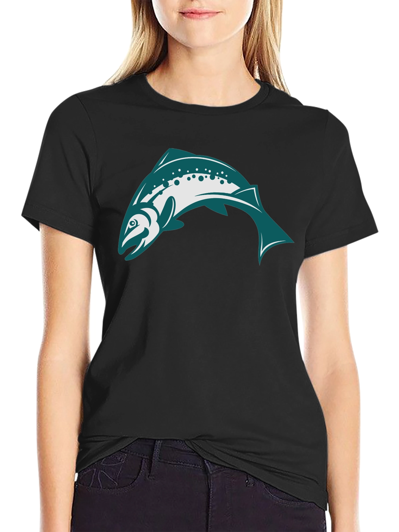 Black T-Shirt with Teal & White Fish Design