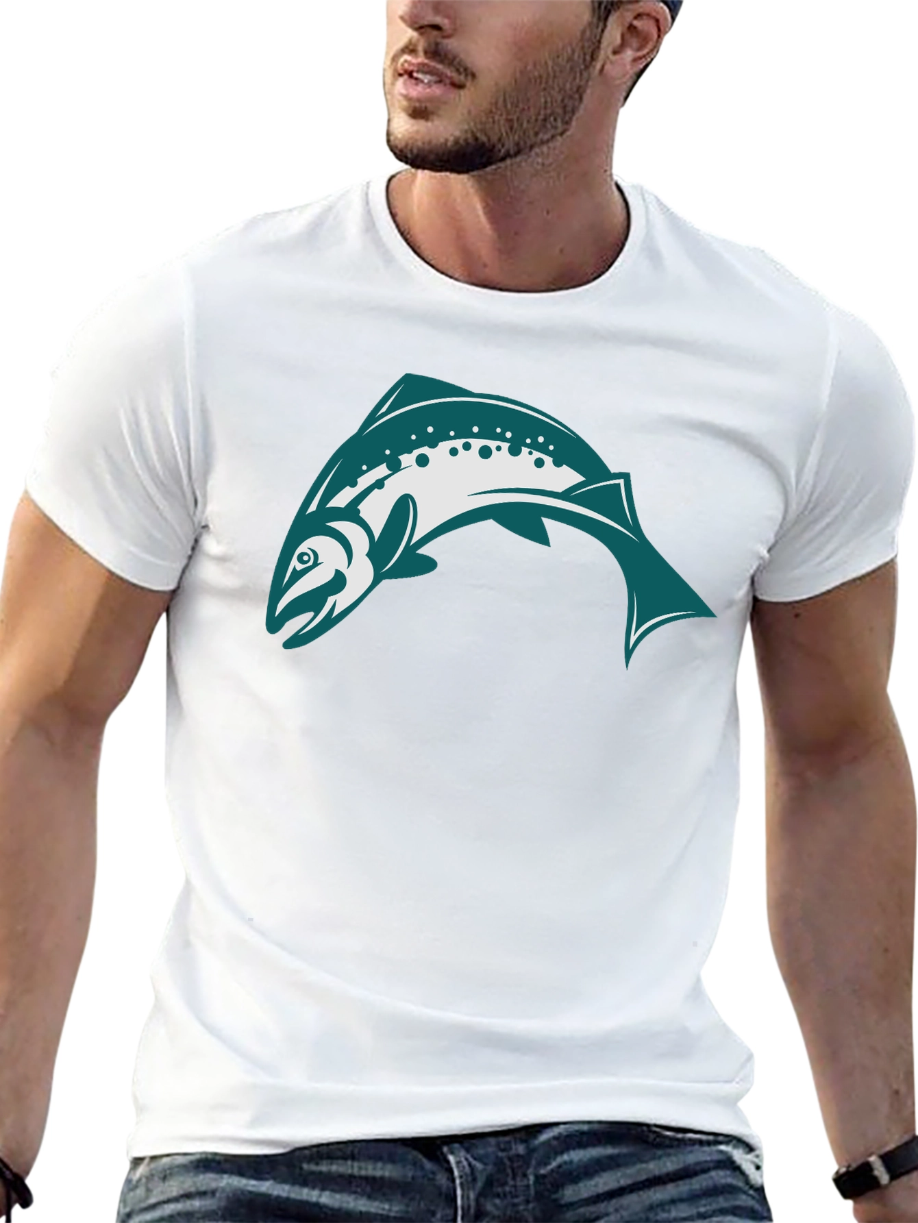 Black T-Shirt with Teal & White Fish Design