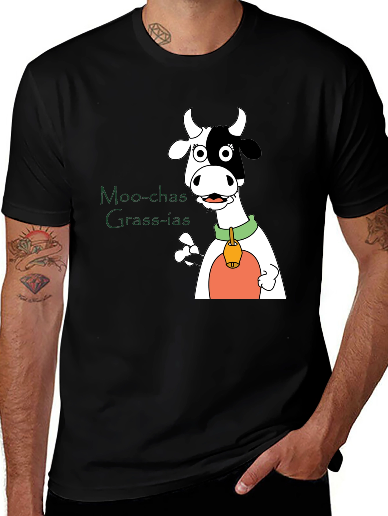 Moo-chas Grass-ias Cow Graphic Black T-Shirt