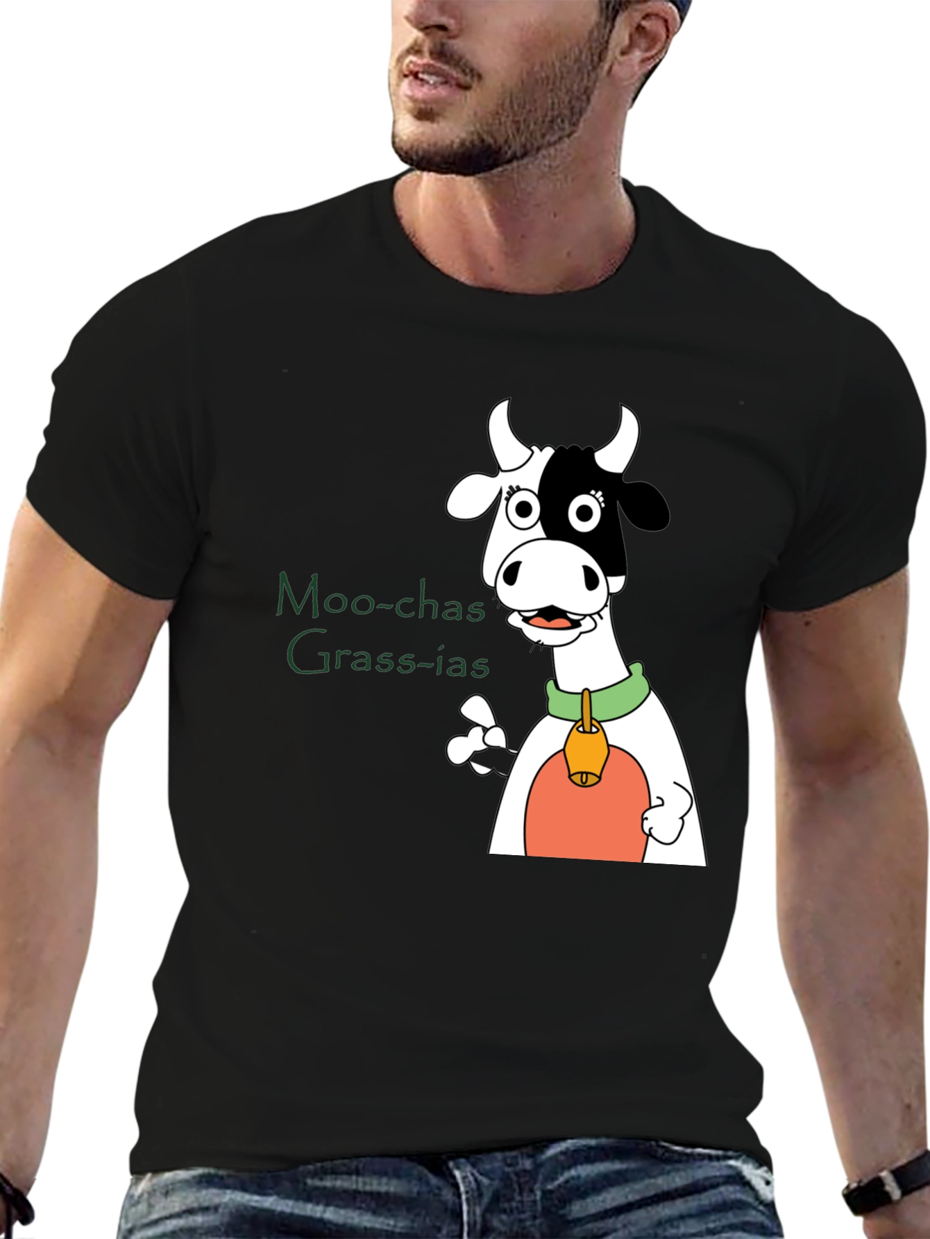 Moo-chas Grass-ias Cow Graphic Black T-Shirt