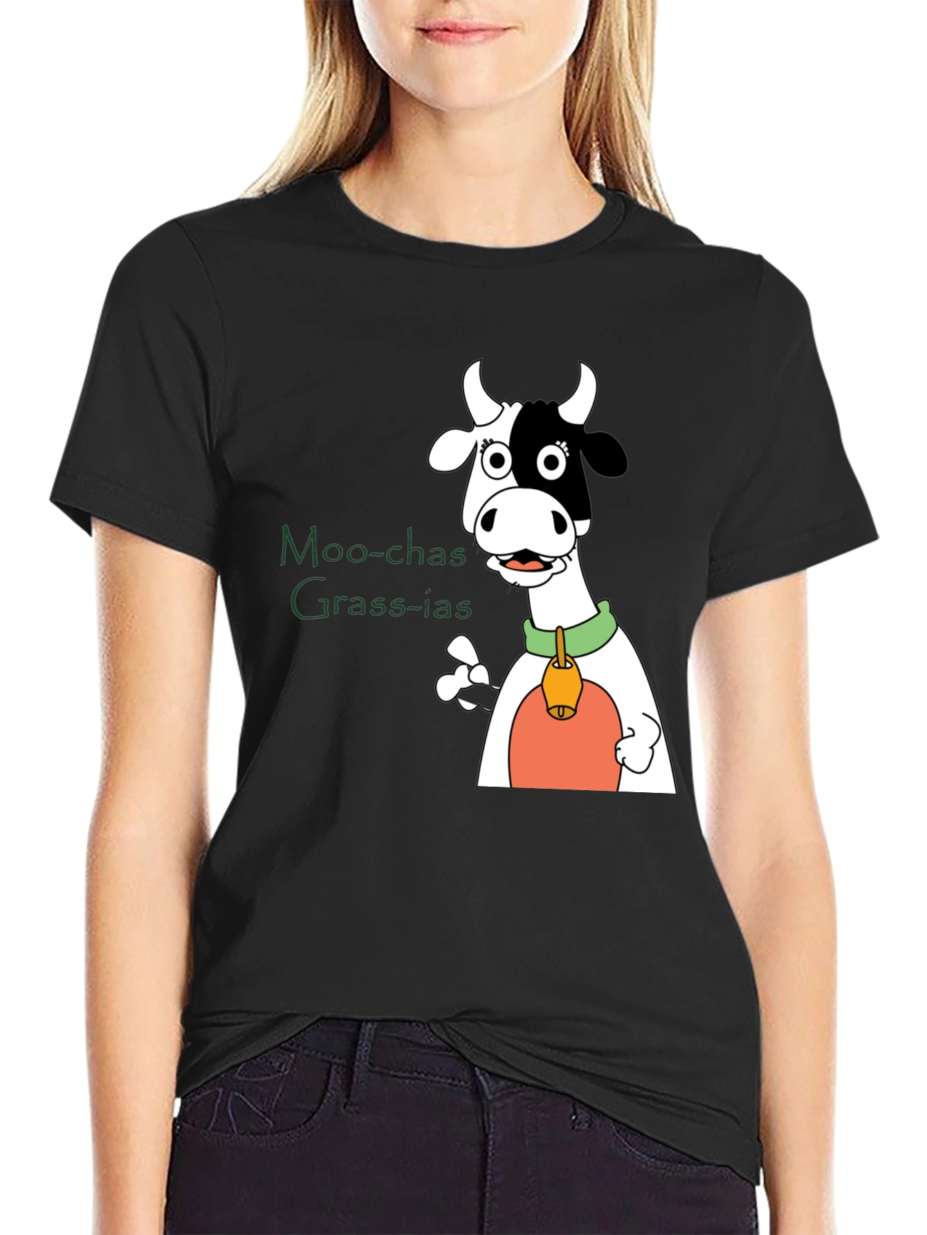Moo-chas Grass-ias Cow Graphic Black T-Shirt