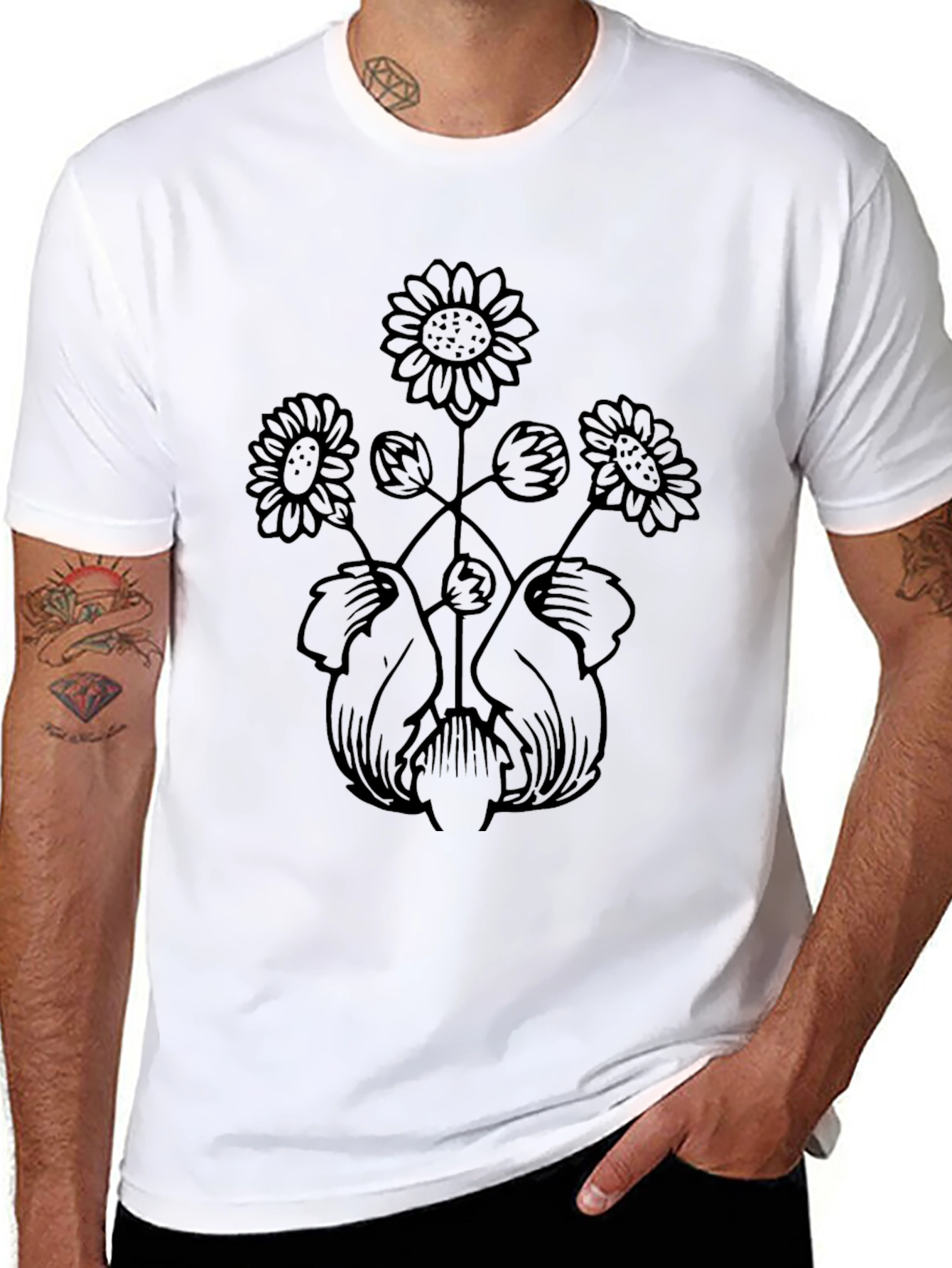 Floral Art Black T-Shirt - Unique Botanical Design