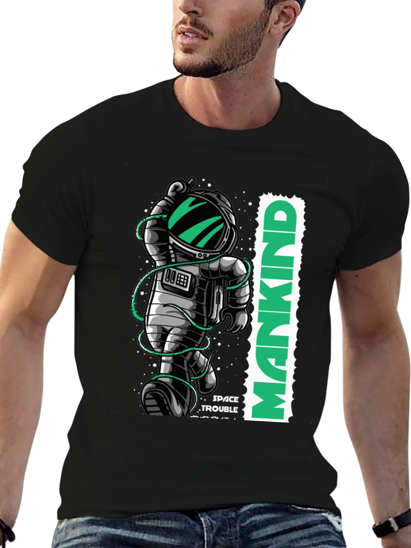Astronaut Mankind Graphic Print Black T-Shirt