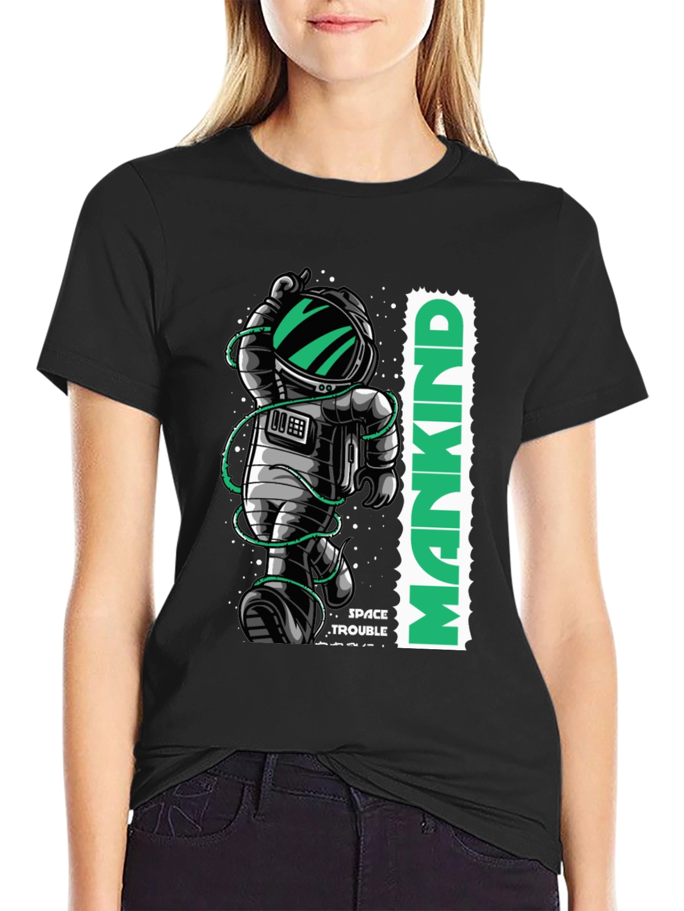 Astronaut Mankind Graphic Print Black T-Shirt