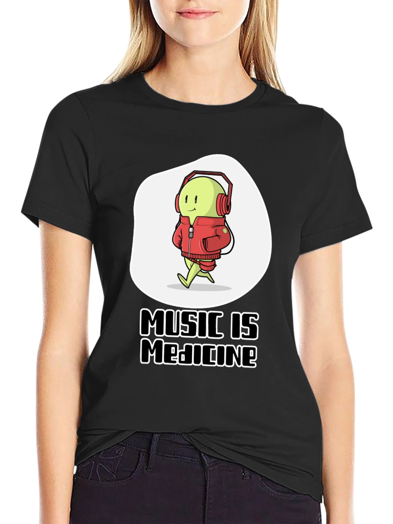 Music is Medicine T-Shirt - Cartoon Character with Headphones