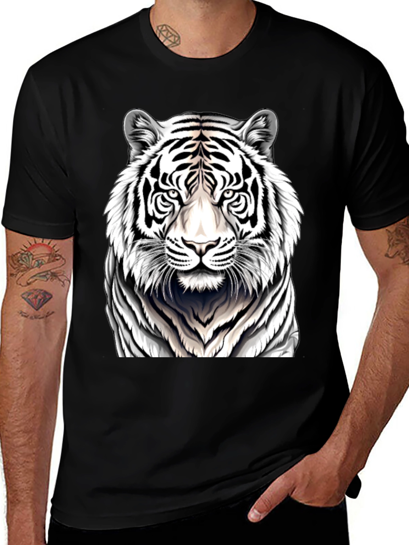 White Tiger Graphic Tee - Black Cotton Shirt