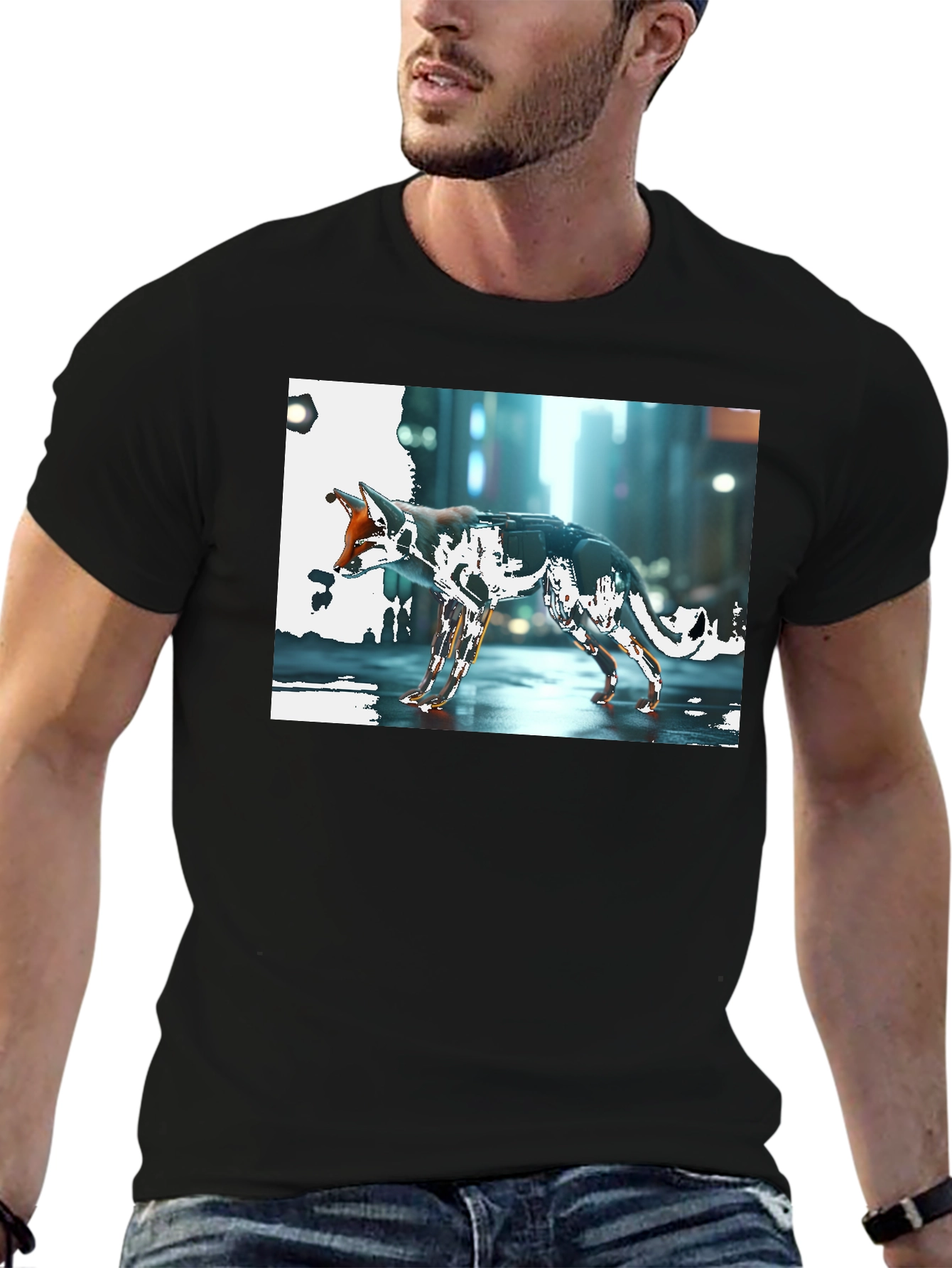 Cyberpunk Fox Graphic Black T-Shirt