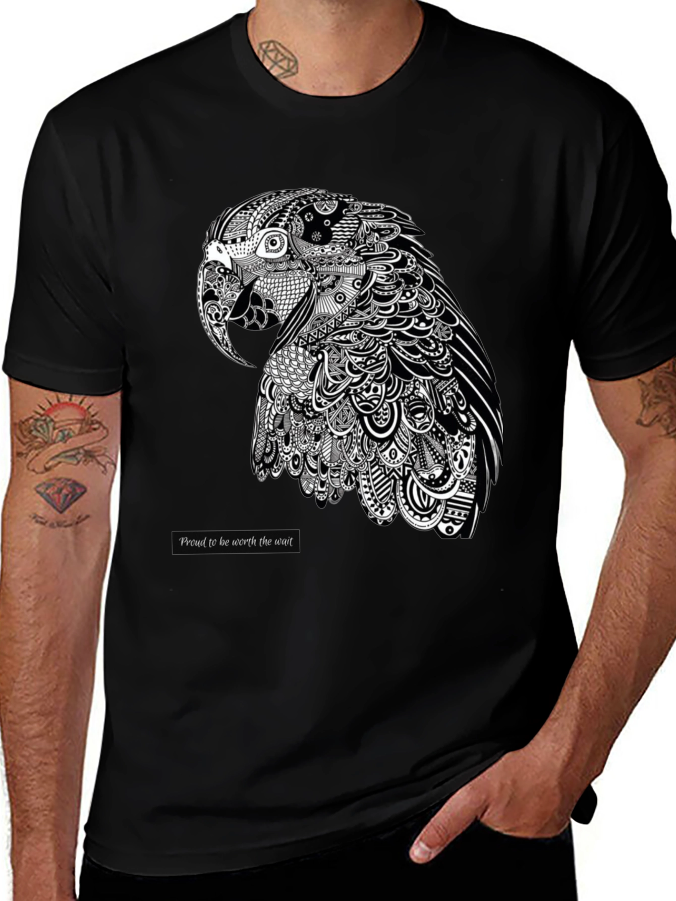 Artistic Parrot Graphic Tee - Black Cotton Blend