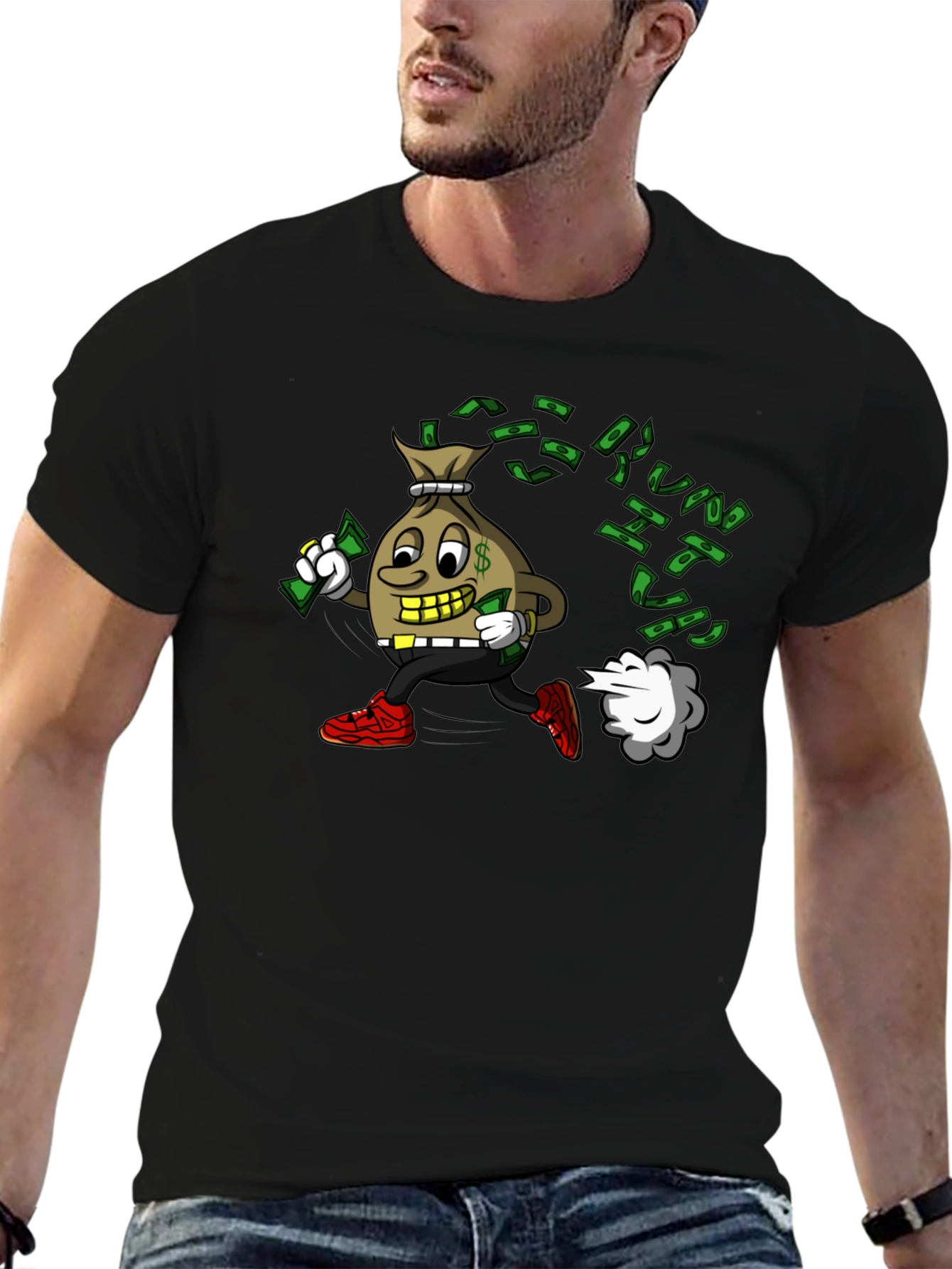 Money Bag Cartoon Graphic Black T-Shirt