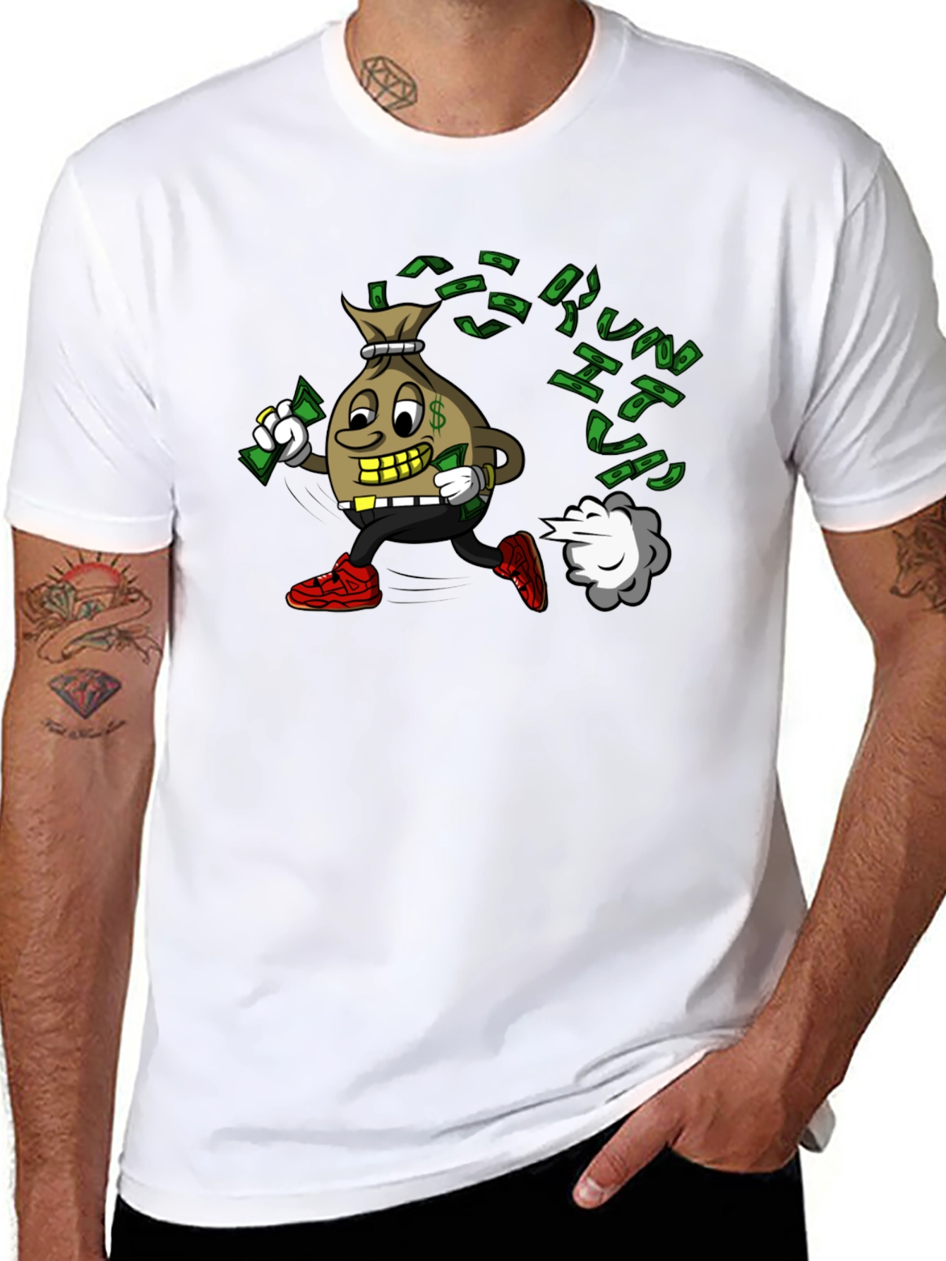 Money Bag Cartoon Graphic Black T-Shirt