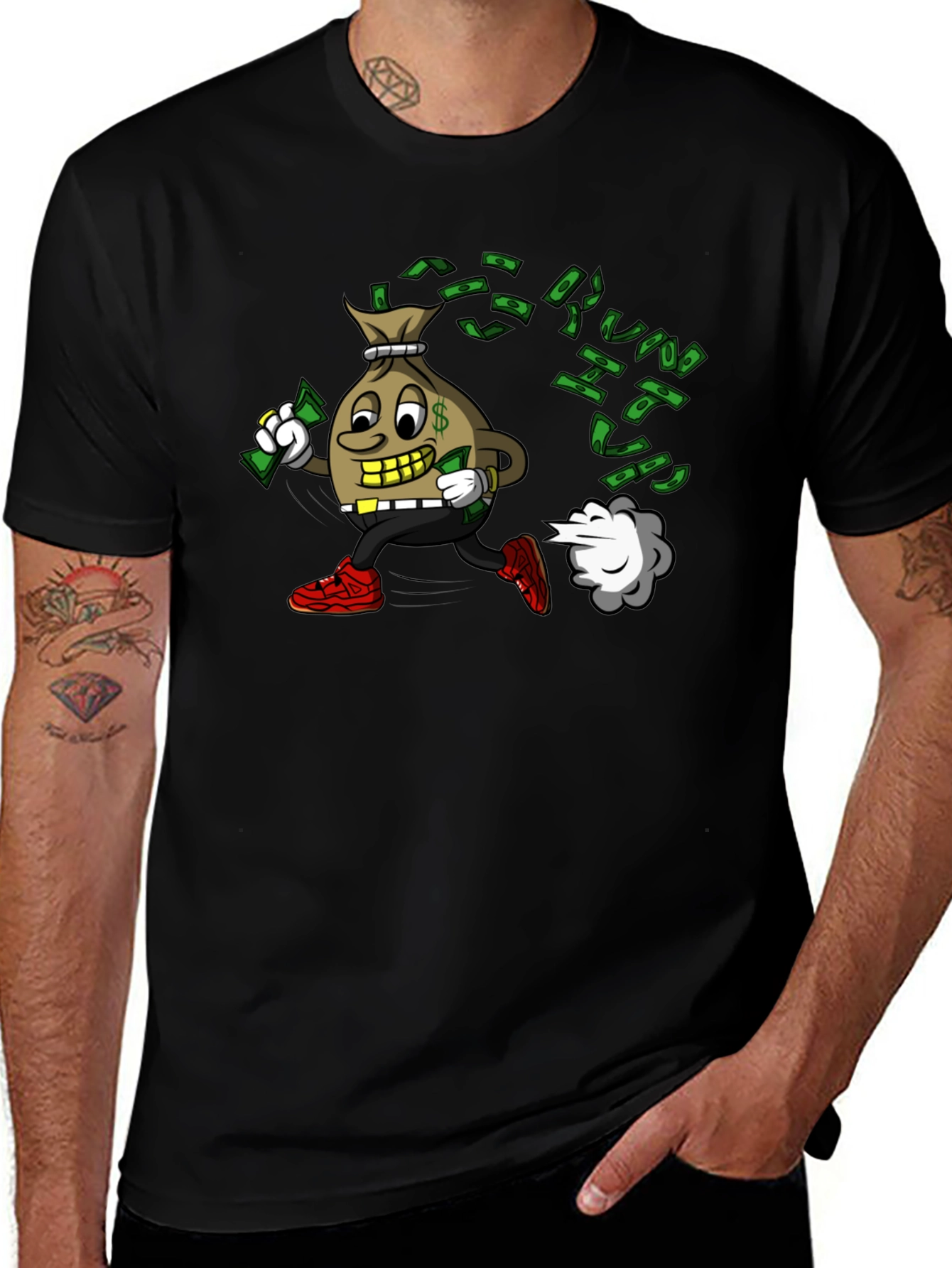 Money Bag Cartoon Graphic Black T-Shirt