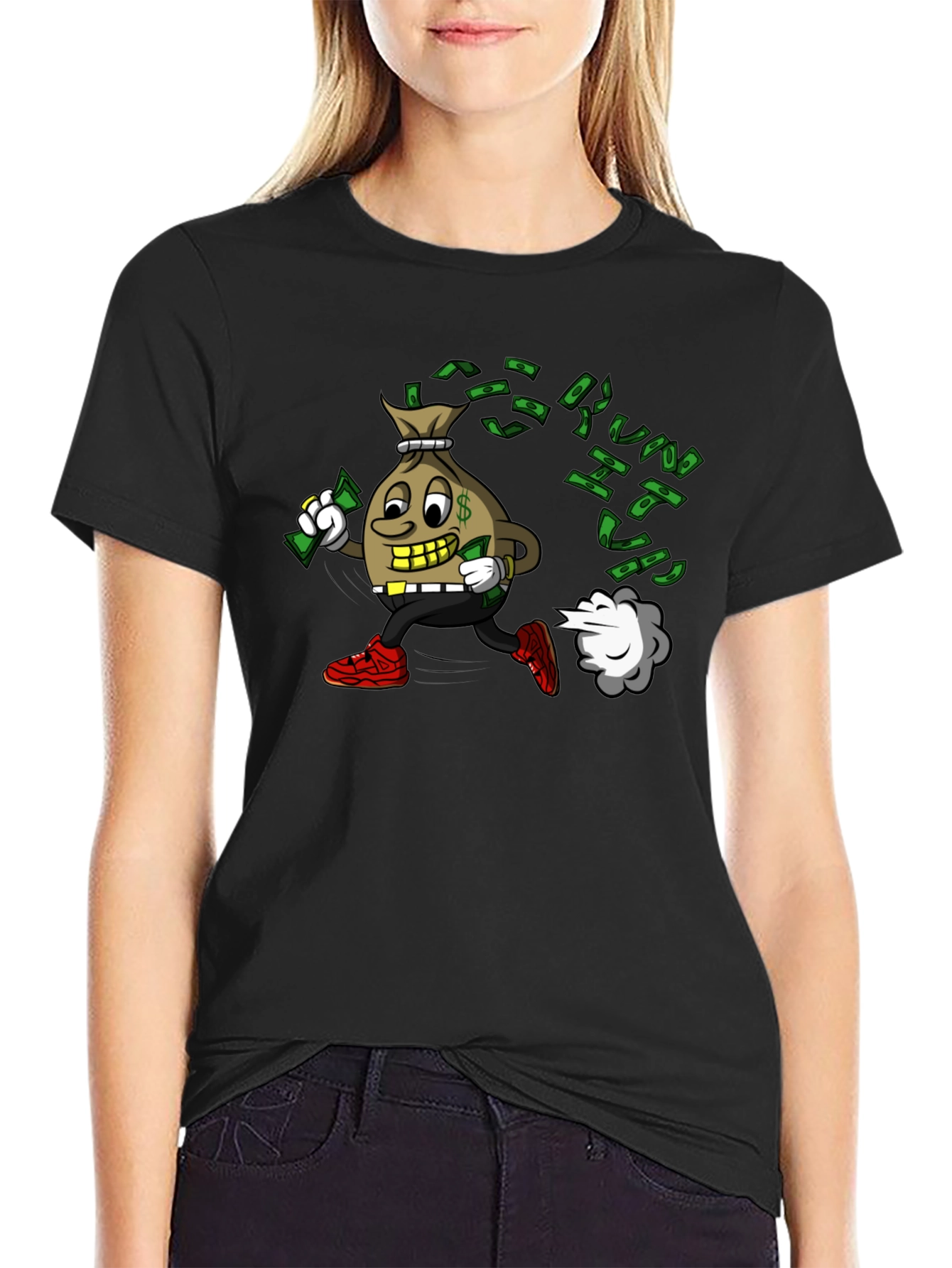 Money Bag Cartoon Graphic Black T-Shirt