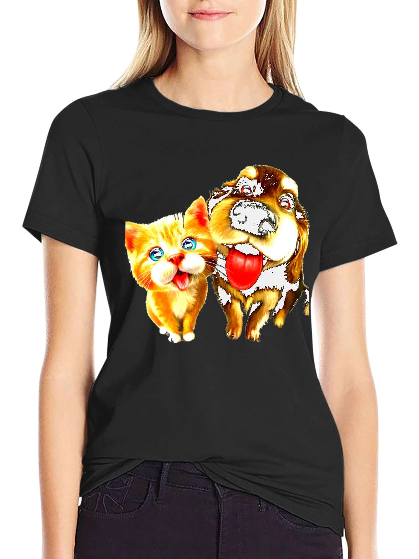Cat & Dog Graphic Black T-Shirt