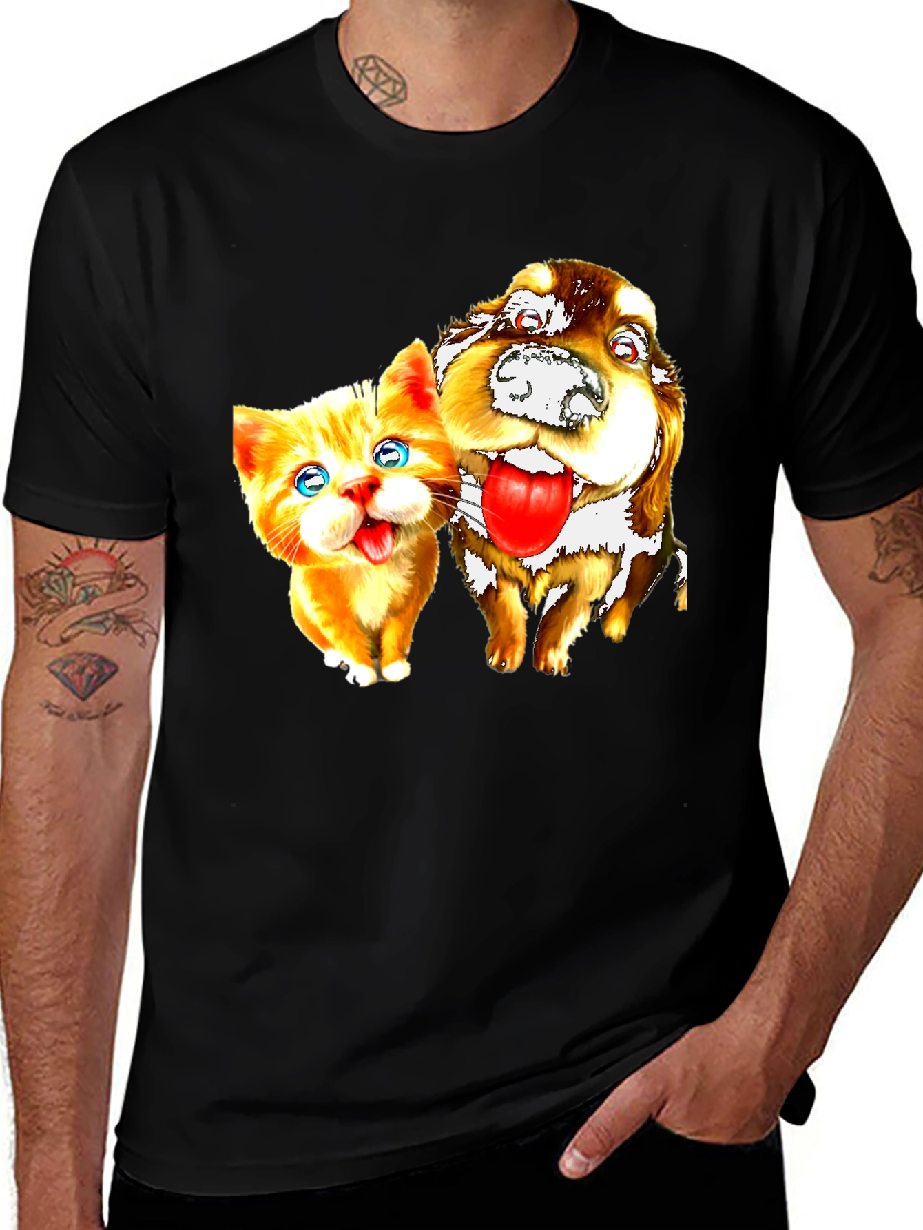 Cat & Dog Graphic Black T-Shirt