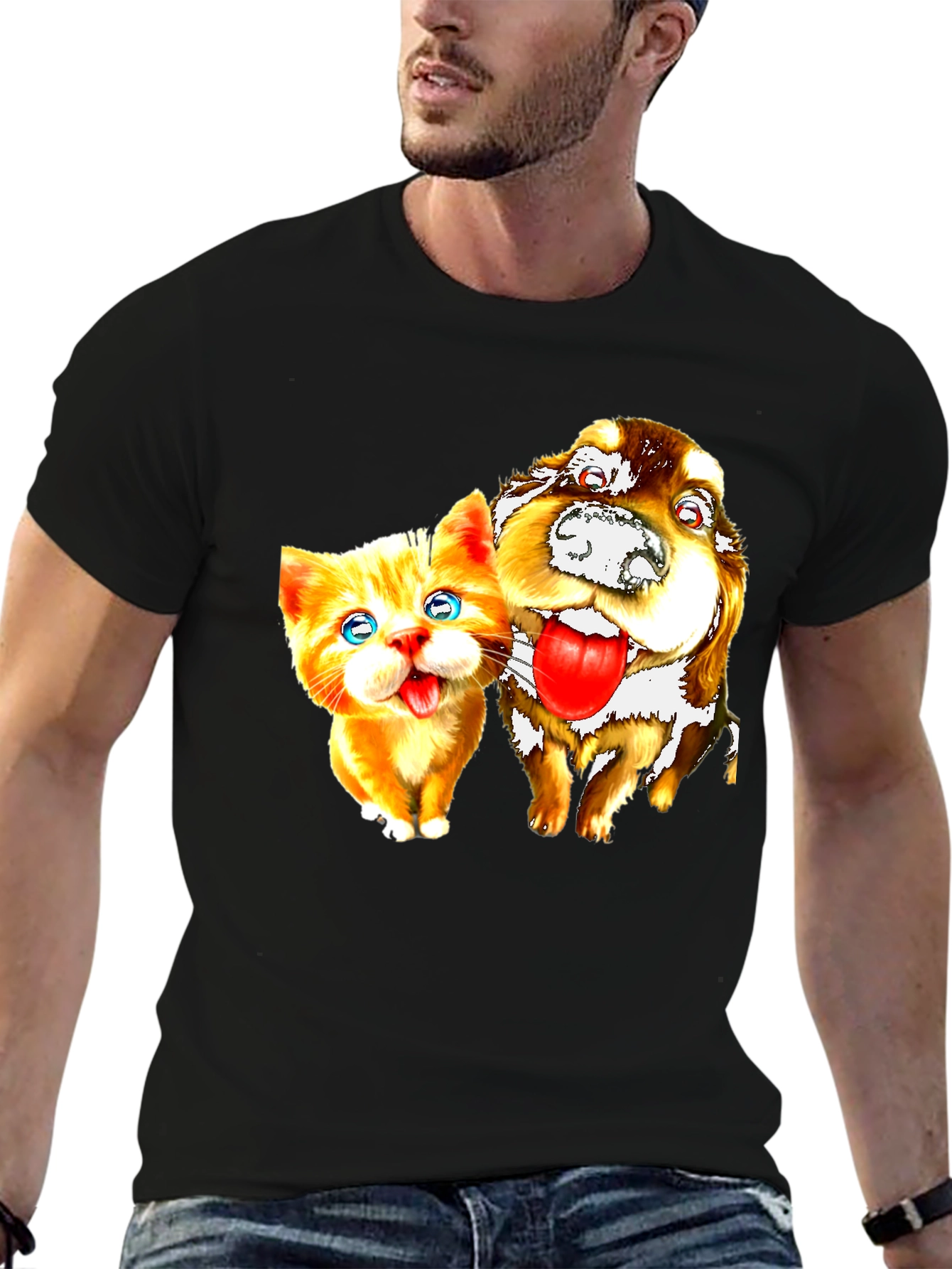 Cat & Dog Graphic Black T-Shirt