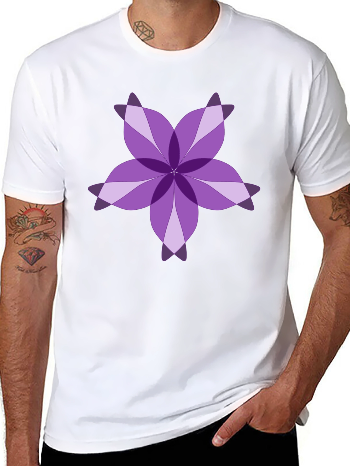 Purple Floral Design Black T-Shirt