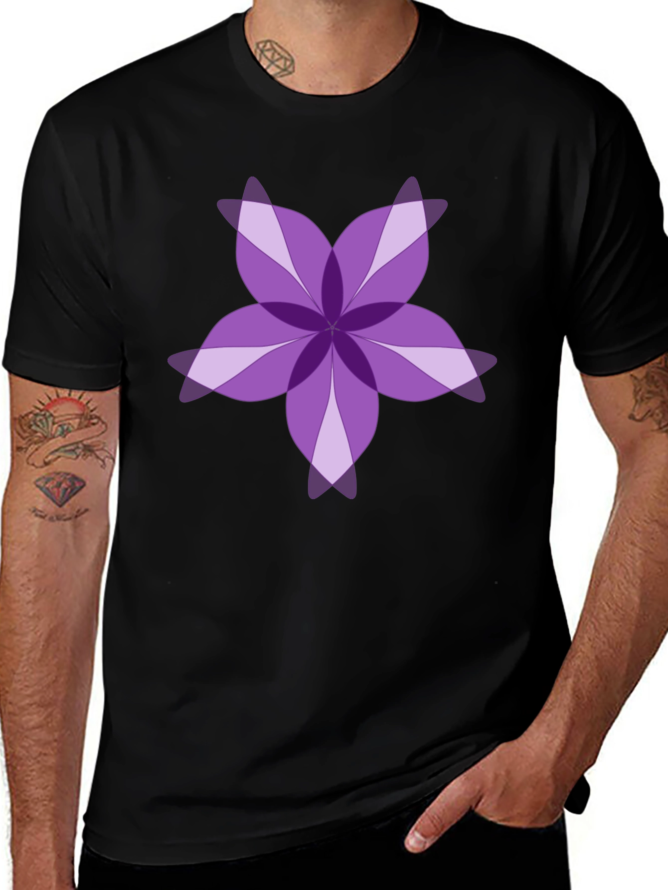 Purple Floral Design Black T-Shirt