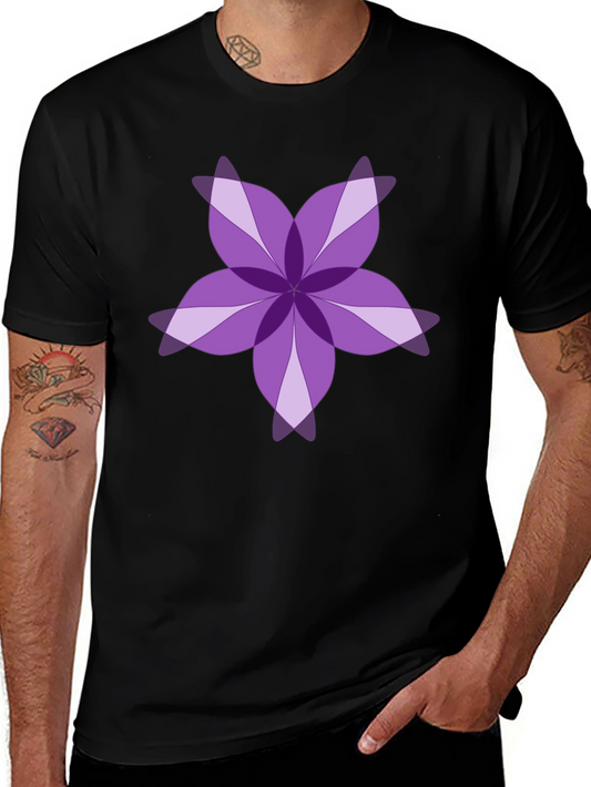 Purple Floral Design Black T-Shirt