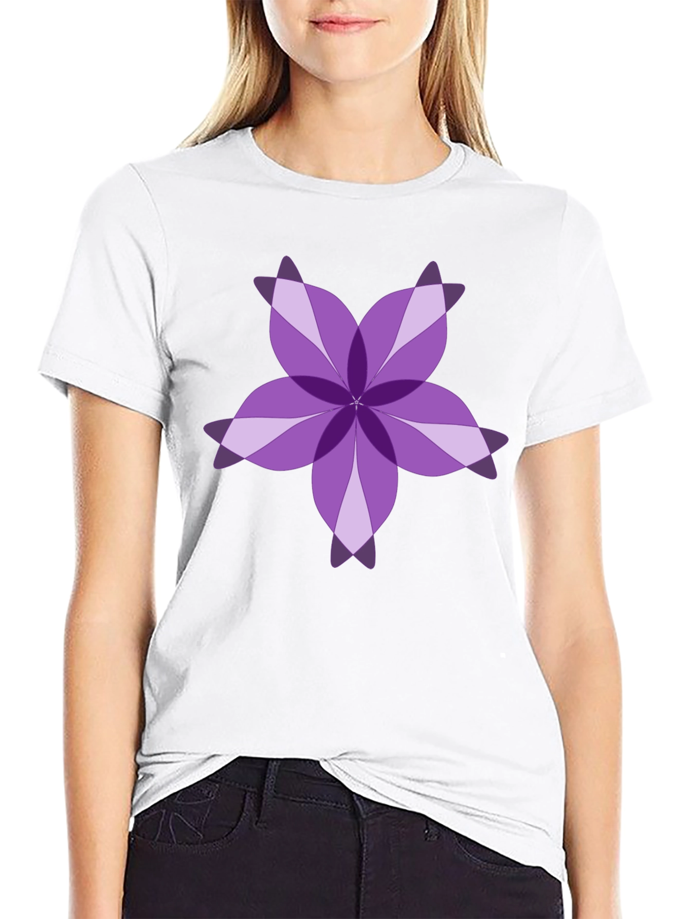 Purple Floral Design Black T-Shirt