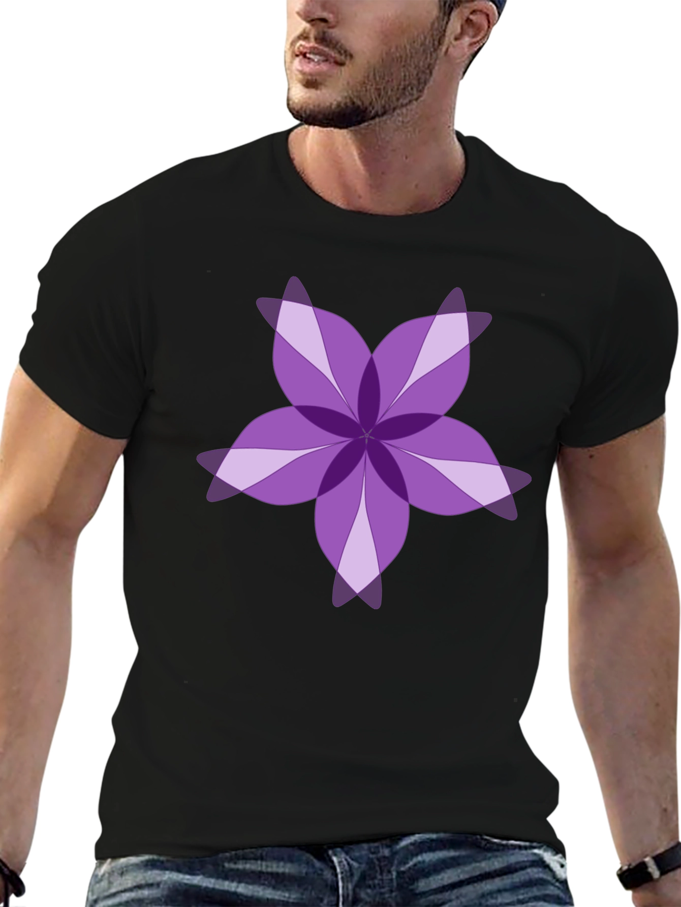 Purple Floral Design Black T-Shirt