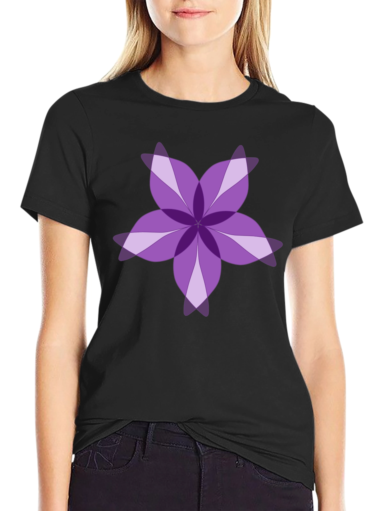 Purple Floral Design Black T-Shirt