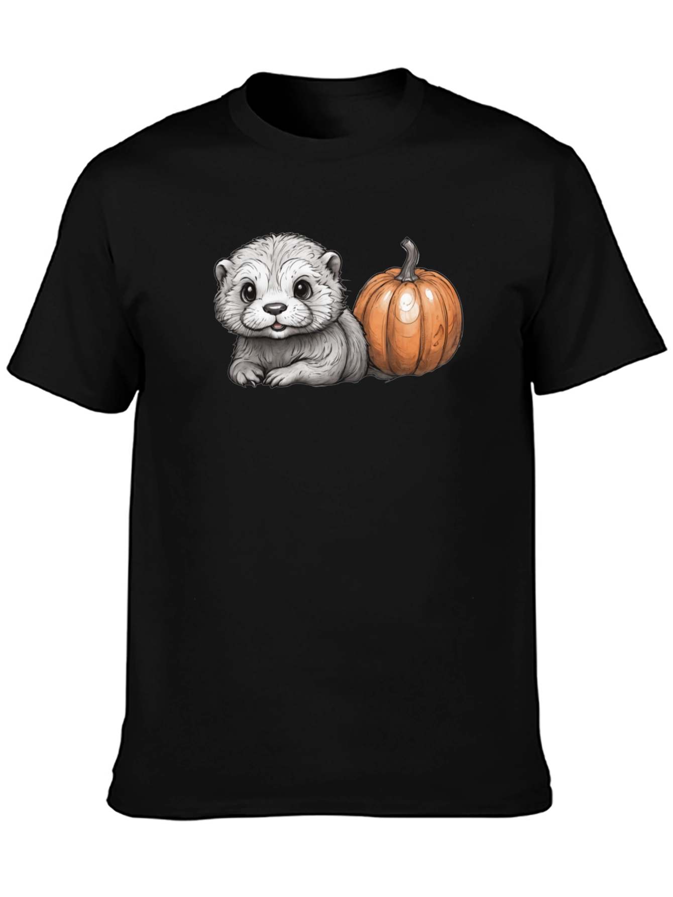 Cute Otter & Pumpkin Black T-Shirt