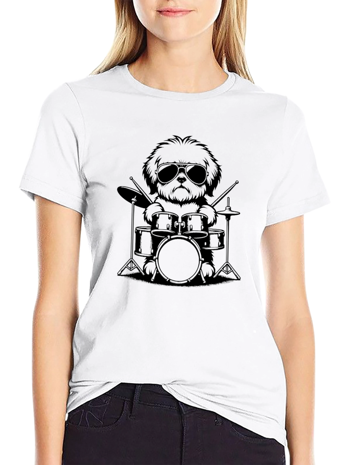 Dog Drummer Graphic Tee - Black Cotton T-Shirt