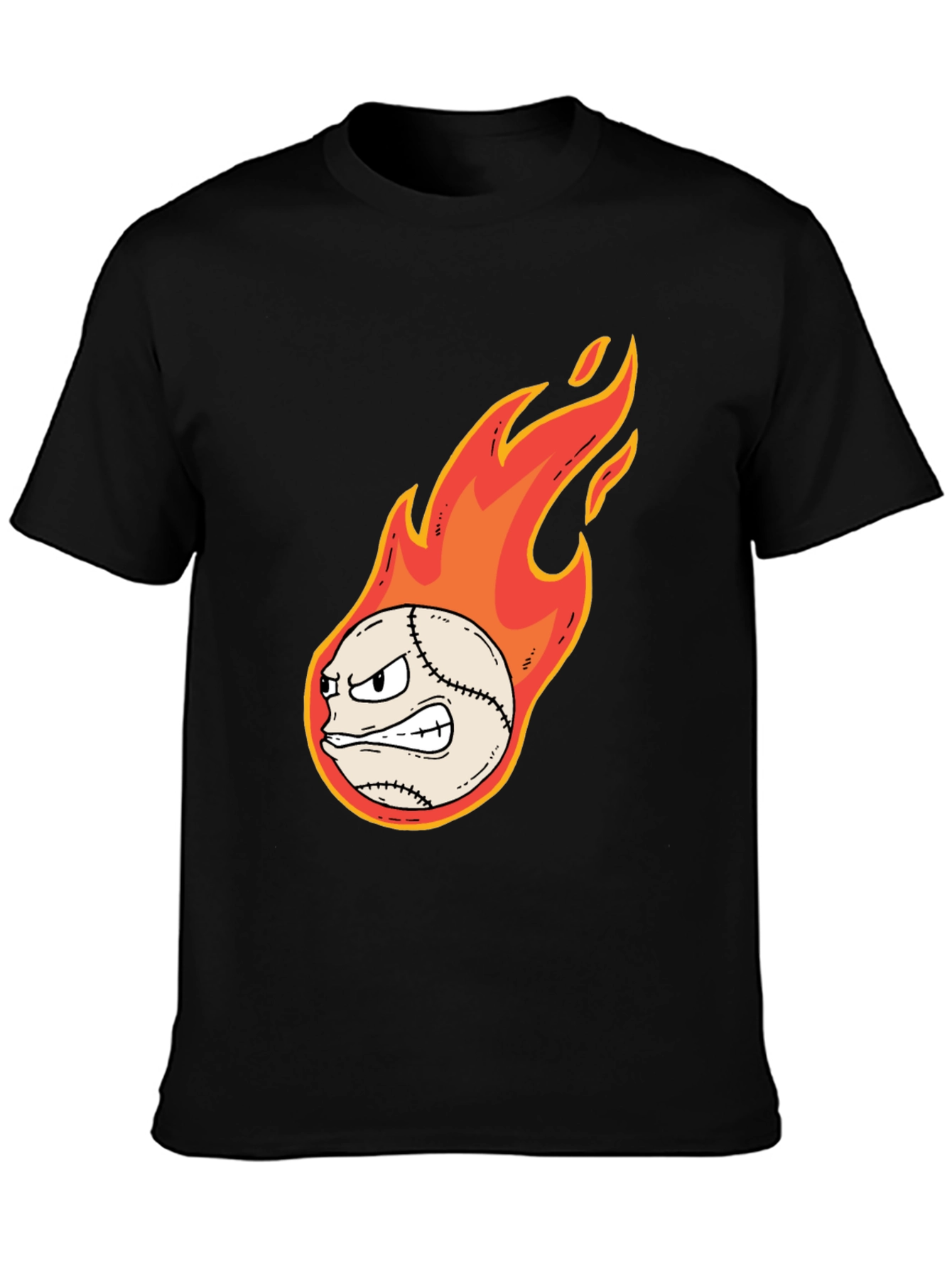 Flaming Baseball Graphic Tee - Black Cotton T-Shirt